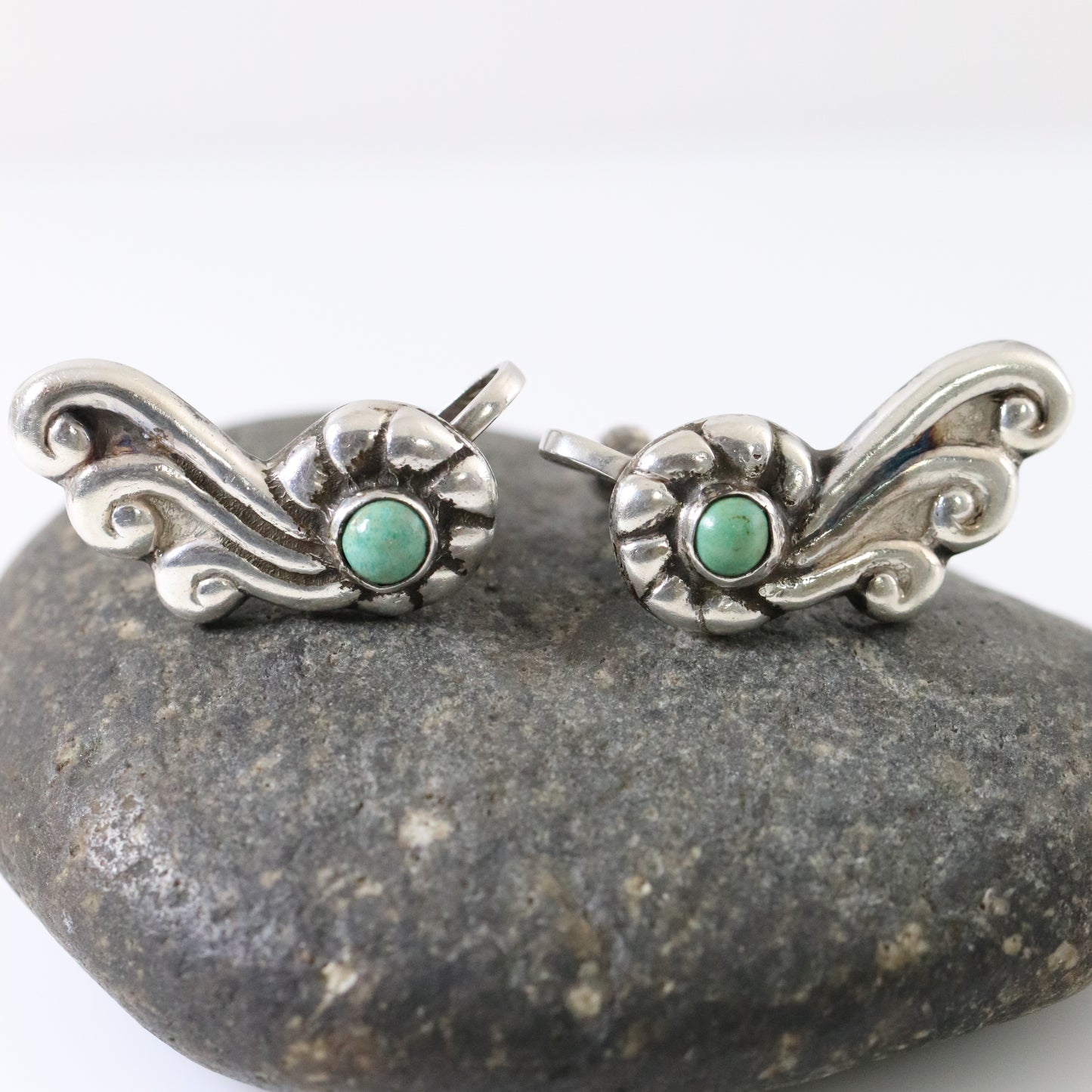 Vintage Silver Mexican Jewelry | Turquoise Winged Screwback Earrings