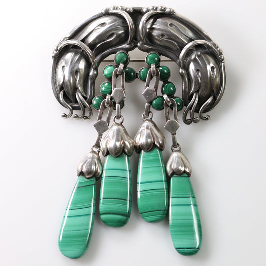 Georg Jensen Jewelry | Malachite Art Nouveau Master Silver Vintage Brooch 22 - Carmel Fine Silver Jewelry