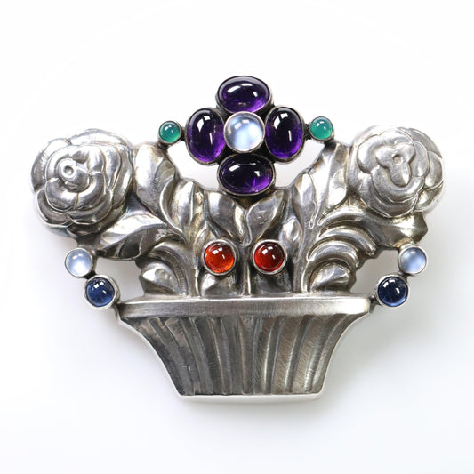 Georg Jensen Jewelry | Multi-Gem Flower Basket Art Nouveau Silver Vintage Brooch 67 - Carmel Fine Silver Jewelry