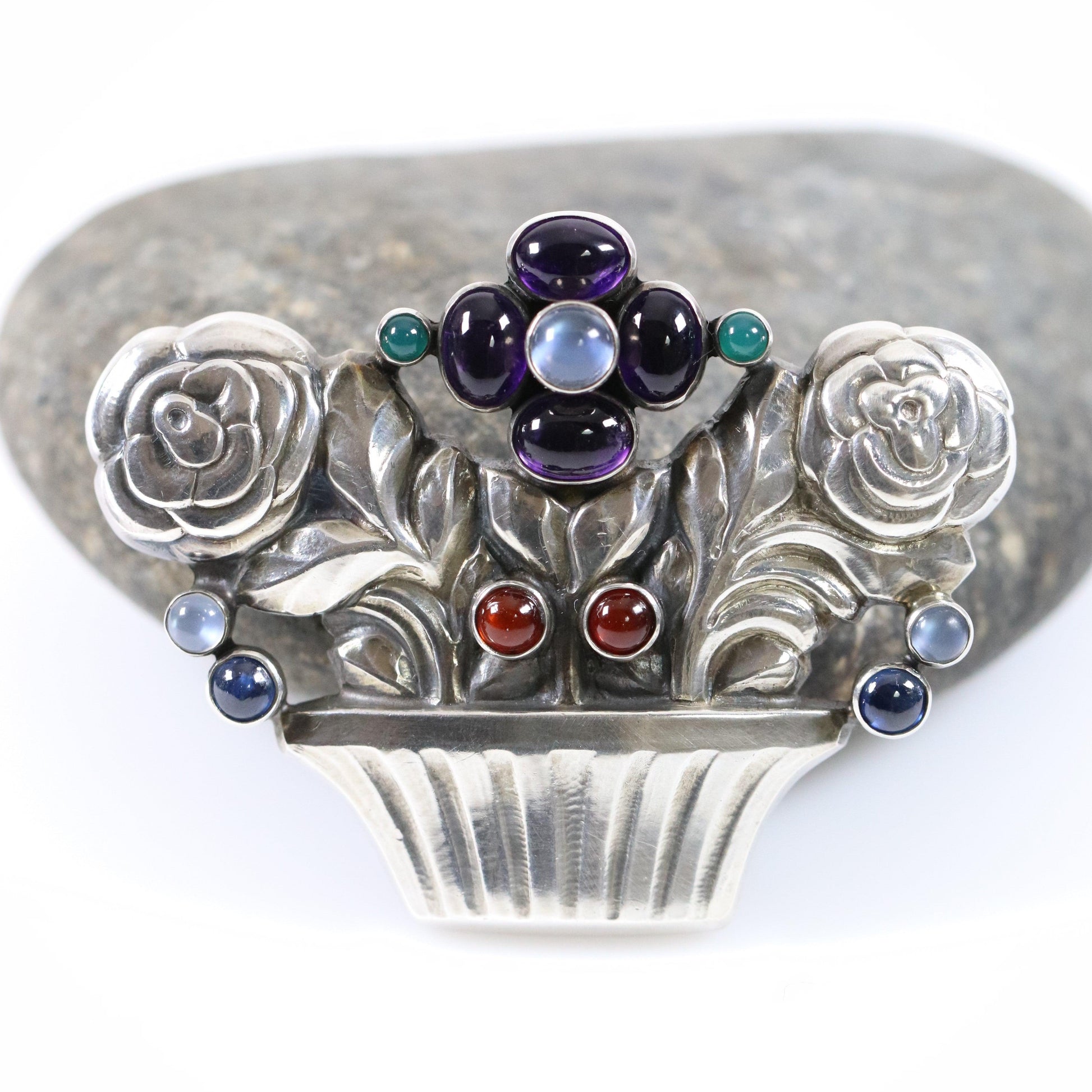 Georg Jensen Jewelry | Multi-Gem Flower Basket Art Nouveau Silver Vintage Brooch 67 - Carmel Fine Silver Jewelry