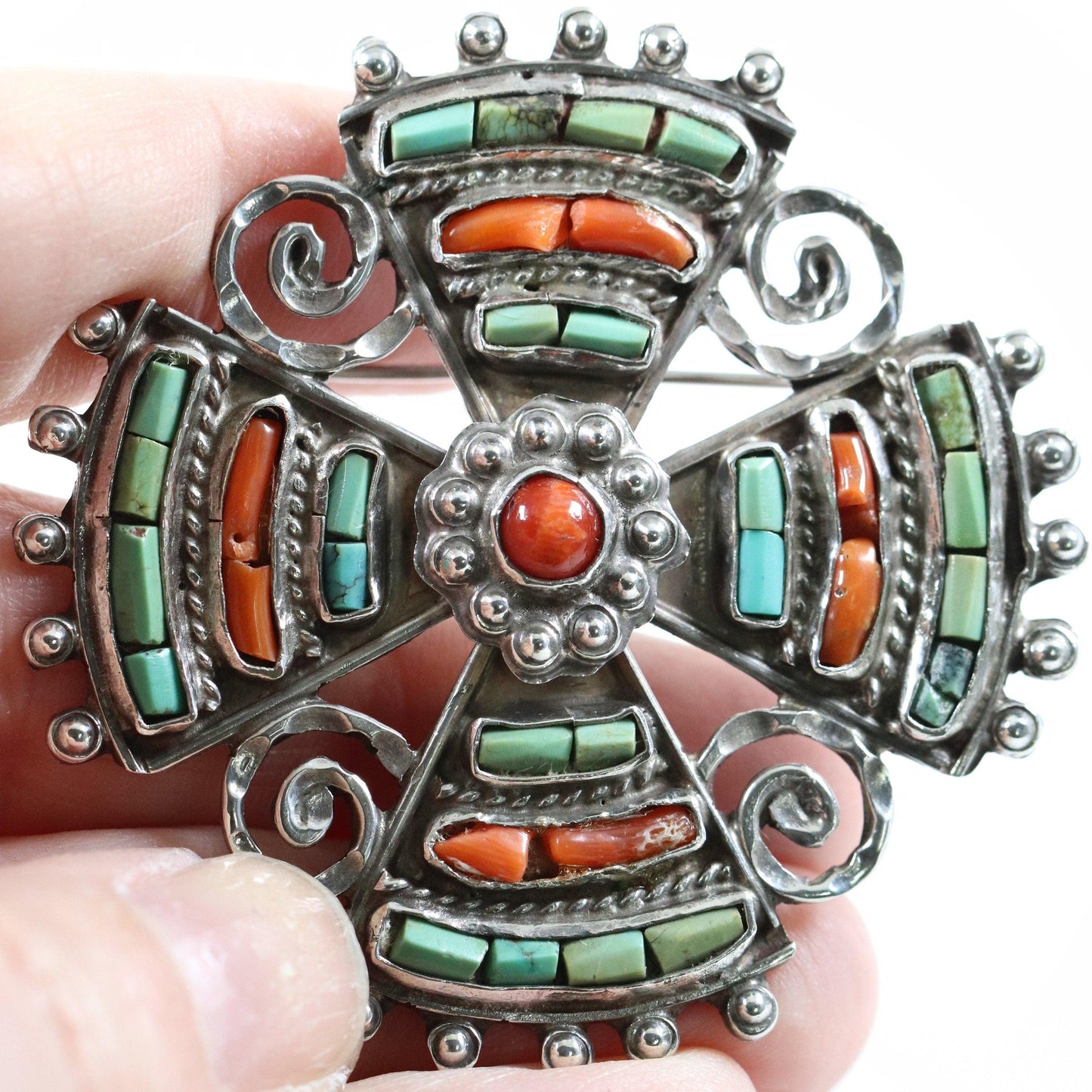MATL Brooch | Matilde Poulat Coral and Turquoise Cross Pin | Vintage Sterling Silver Mexico - Carmel Fine Silver Jewelry
