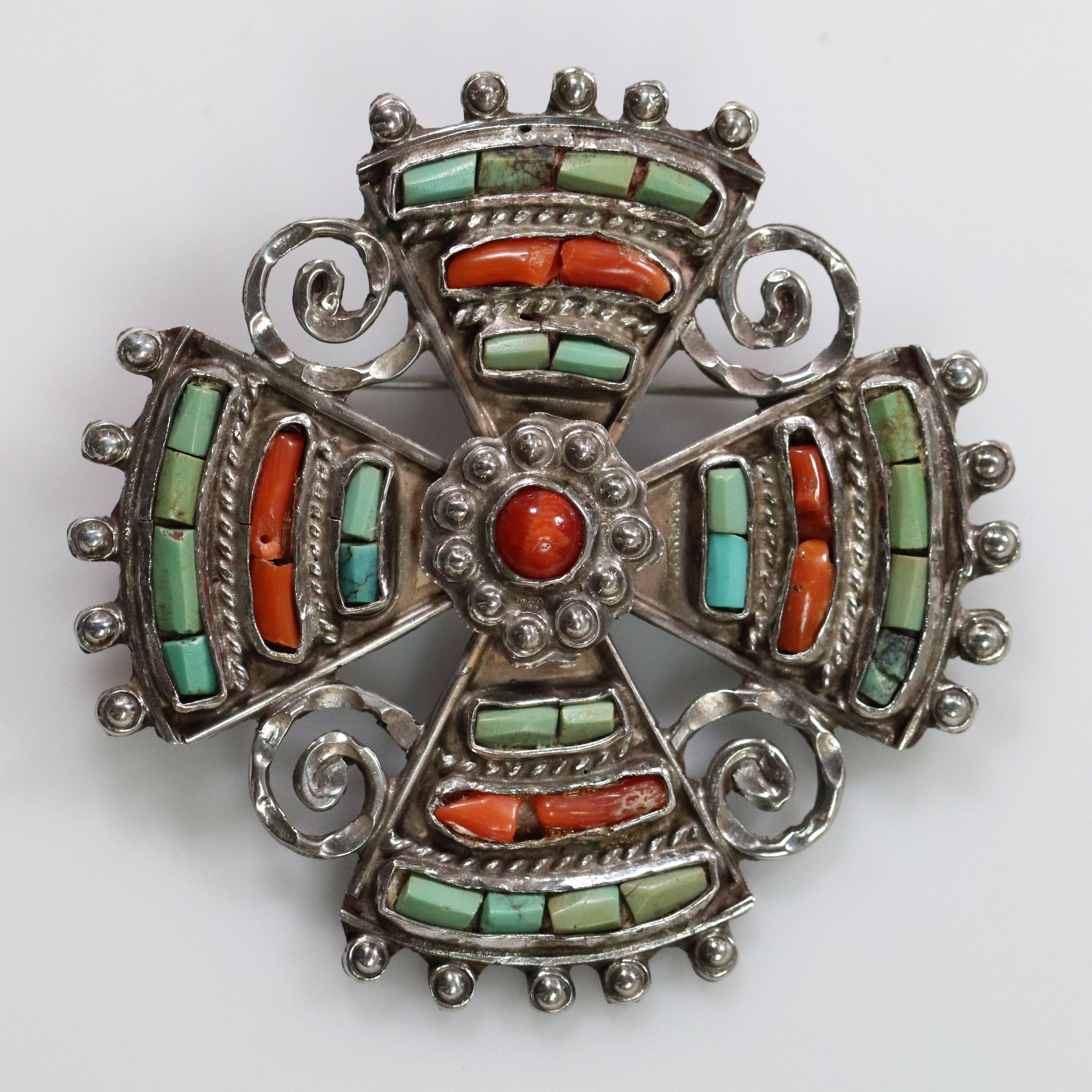 MATL Brooch Matilde Poulat Coral and Turquoise Cross Pin