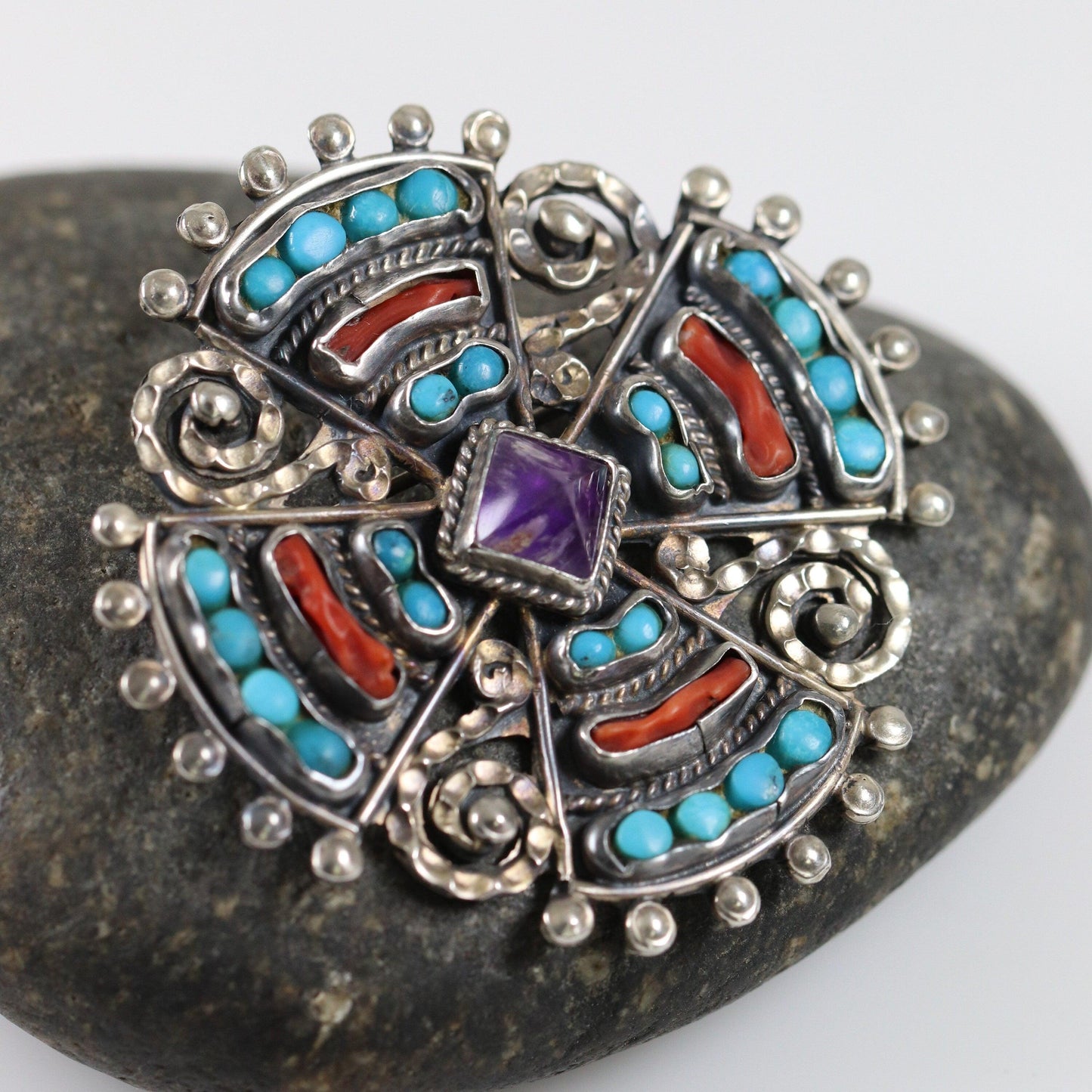 MATL Brooch | Ricardo Salas Multi-Gem Cross Pin | Vintage Sterling Silver Mexico - Carmel Fine Silver Jewelry