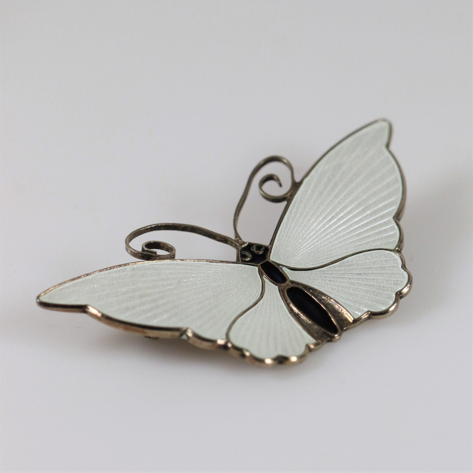 Vintage David Andersen Jewelry | Extra Large White Butterfly Guilloche Enamel Pin - Carmel Fine Silver Jewelry
