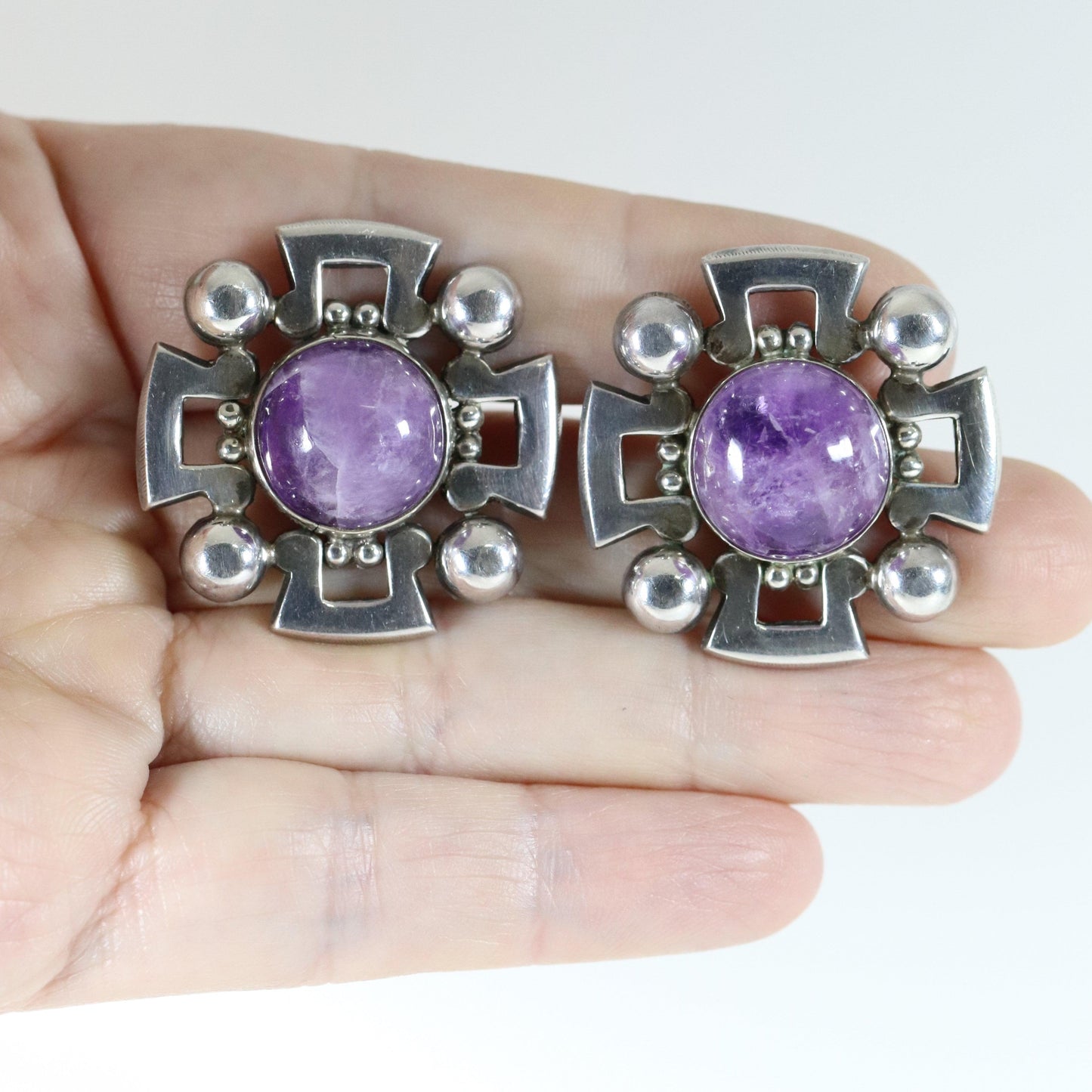 Vintage Fred Davis Taxco Jewelry | Bold Amethyst Brooch and Earring Set - Carmel Fine Silver Jewelry
