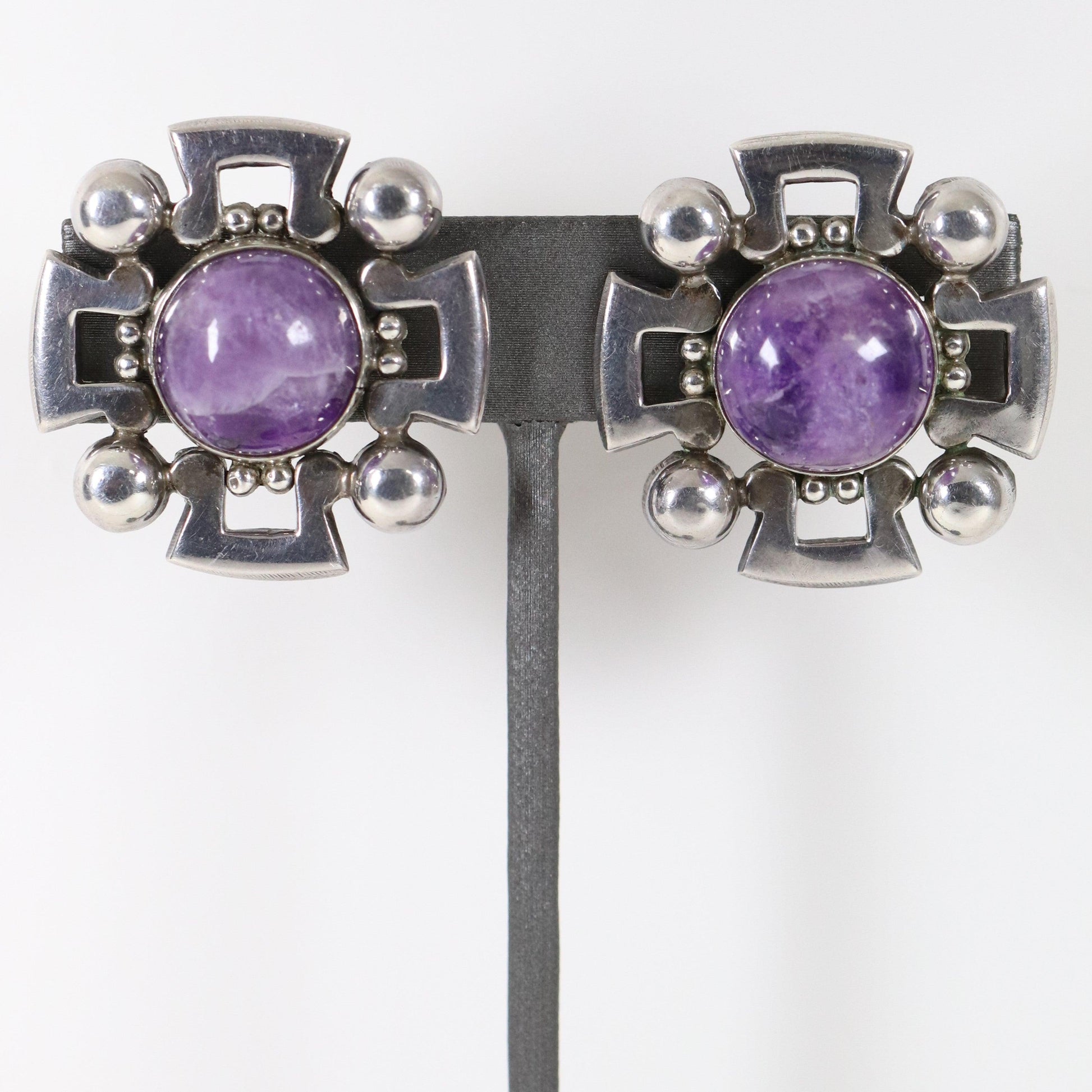 Vintage Fred Davis Taxco Jewelry | Bold Amethyst Brooch and Earring Set - Carmel Fine Silver Jewelry
