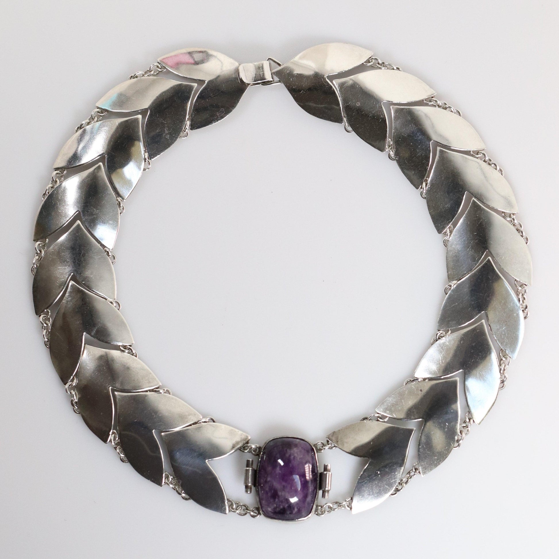 Vintage Fred Davis Taxco Silver Mexican Jewelry | Handcrafted Link Amethyst Necklace - Carmel Fine Silver Jewelry