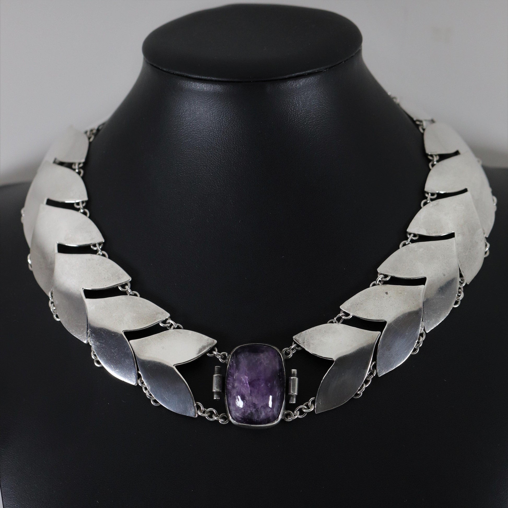 Vintage Fred Davis Taxco Silver Mexican Jewelry | Handcrafted Link Amethyst Necklace - Carmel Fine Silver Jewelry
