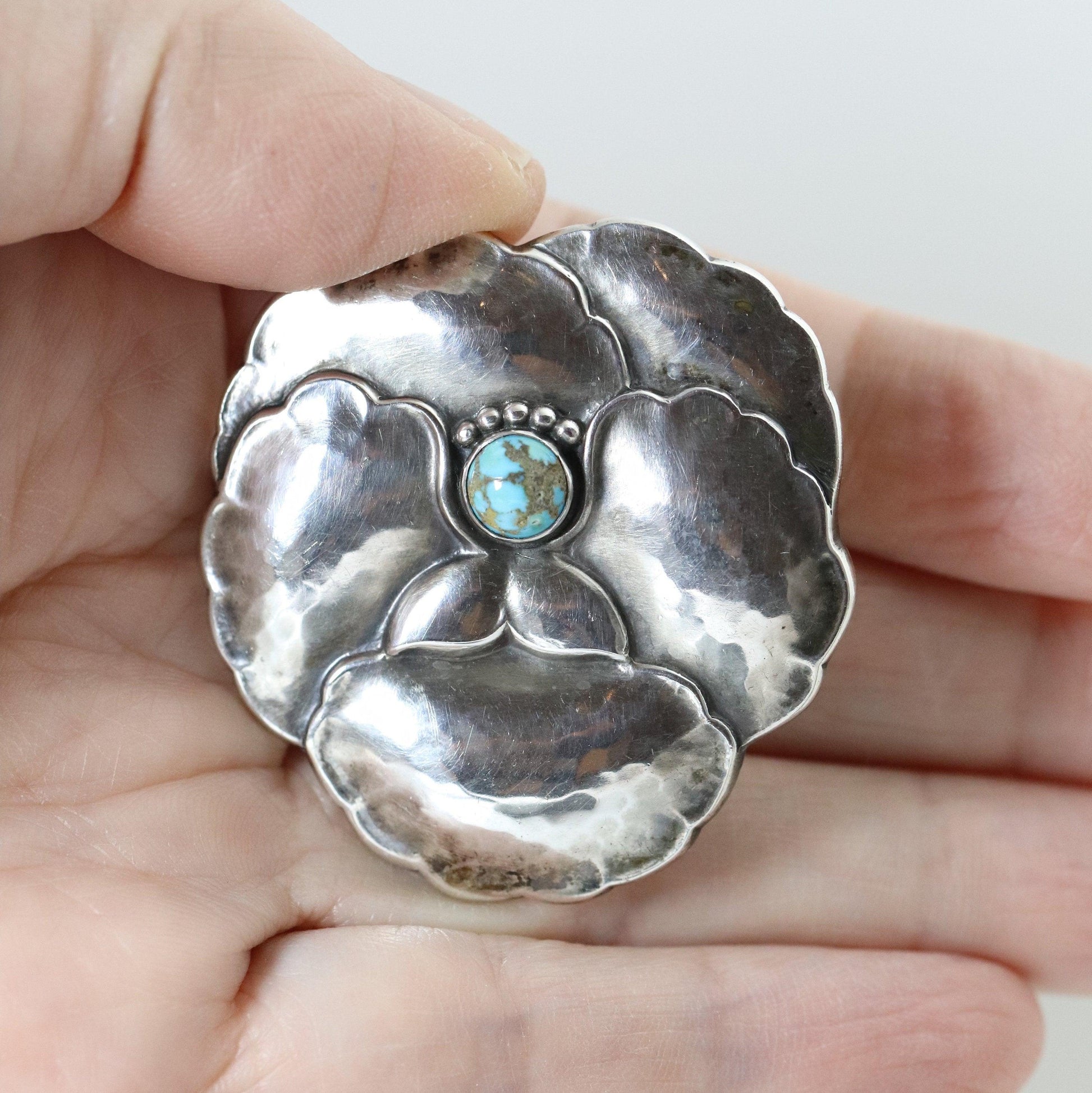 Vintage Georg Jensen Jewelry | Art Nouveau Pansy with Turquoise Brooch 113 - Carmel Fine Silver Jewelry