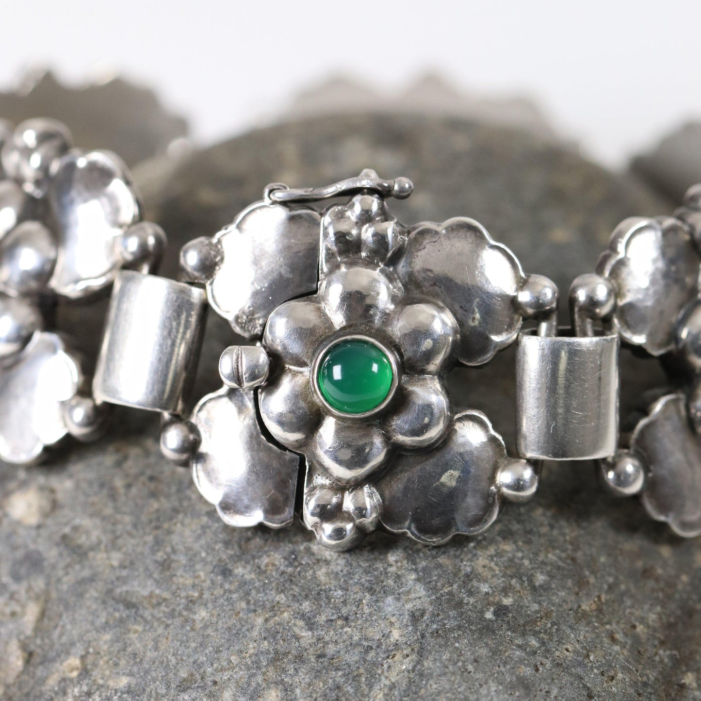 Vintage Georg Jensen Jewelry | Rare Art Nouveau Chrysoprase Floral Bracelet 61 Denmark - Carmel Fine Silver Jewelry