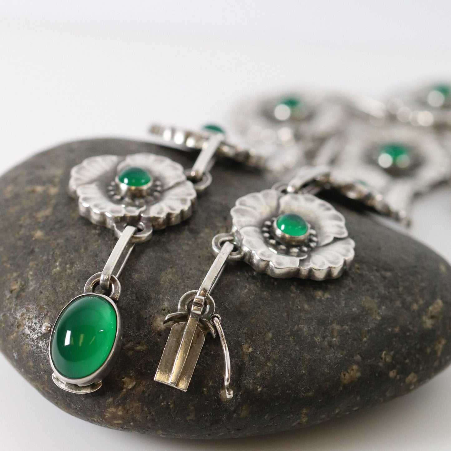 Vintage Georg Jensen Jewelry | Rare Chrysoprase Floral Link Necklace 30A - Carmel Fine Silver Jewelry
