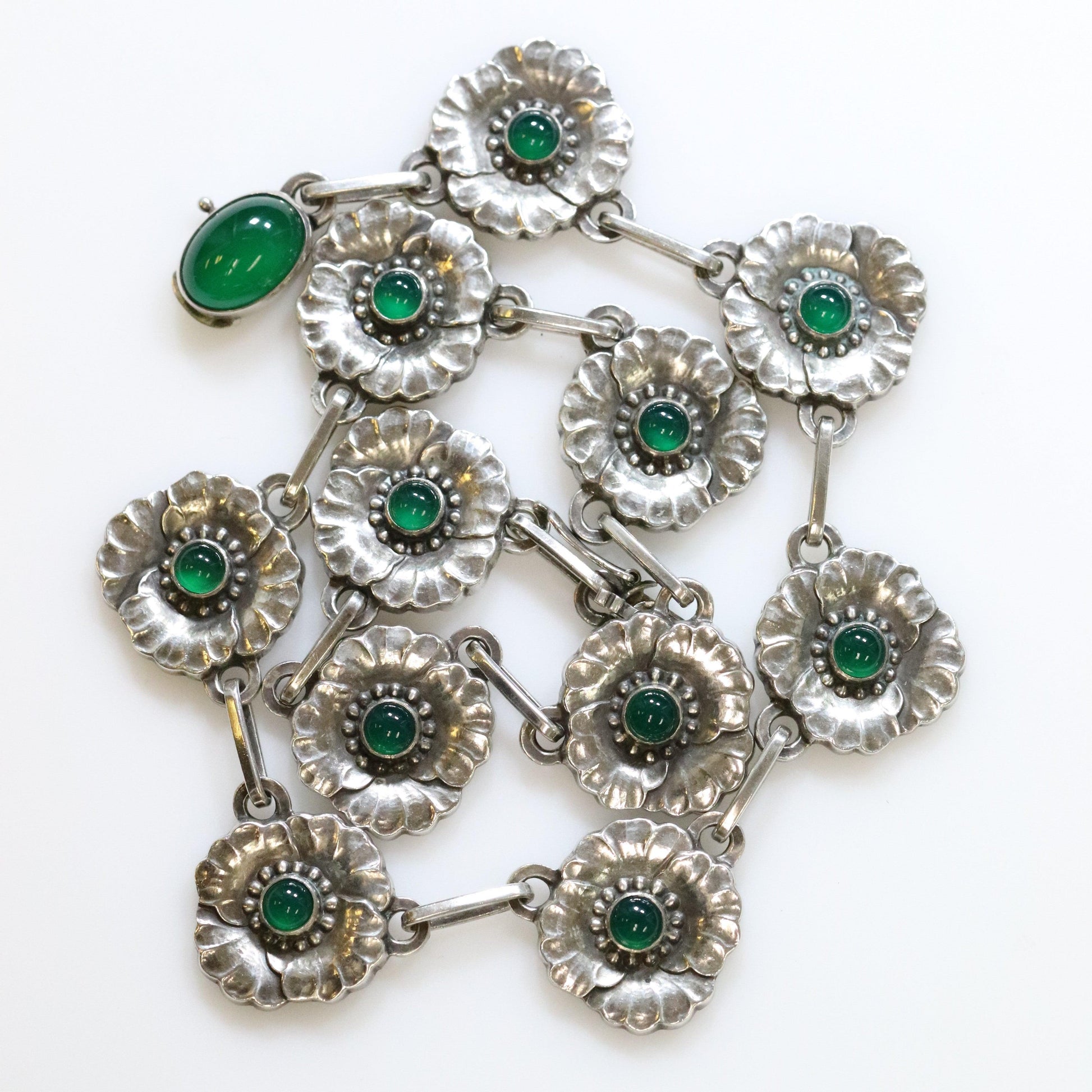 Vintage Georg Jensen Jewelry | Rare Chrysoprase Floral Link Necklace 30A - Carmel Fine Silver Jewelry