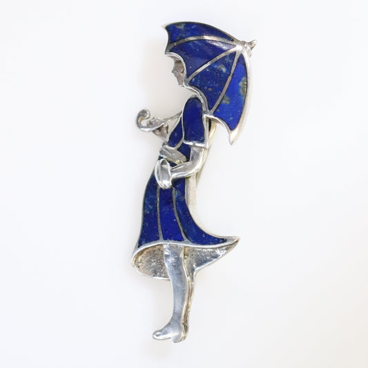 Vintage Handcrafted Silver Jewelry | Art Deco Girl and Umbrella Lapis Lazuli Brooch - Carmel Fine Silver Jewelry