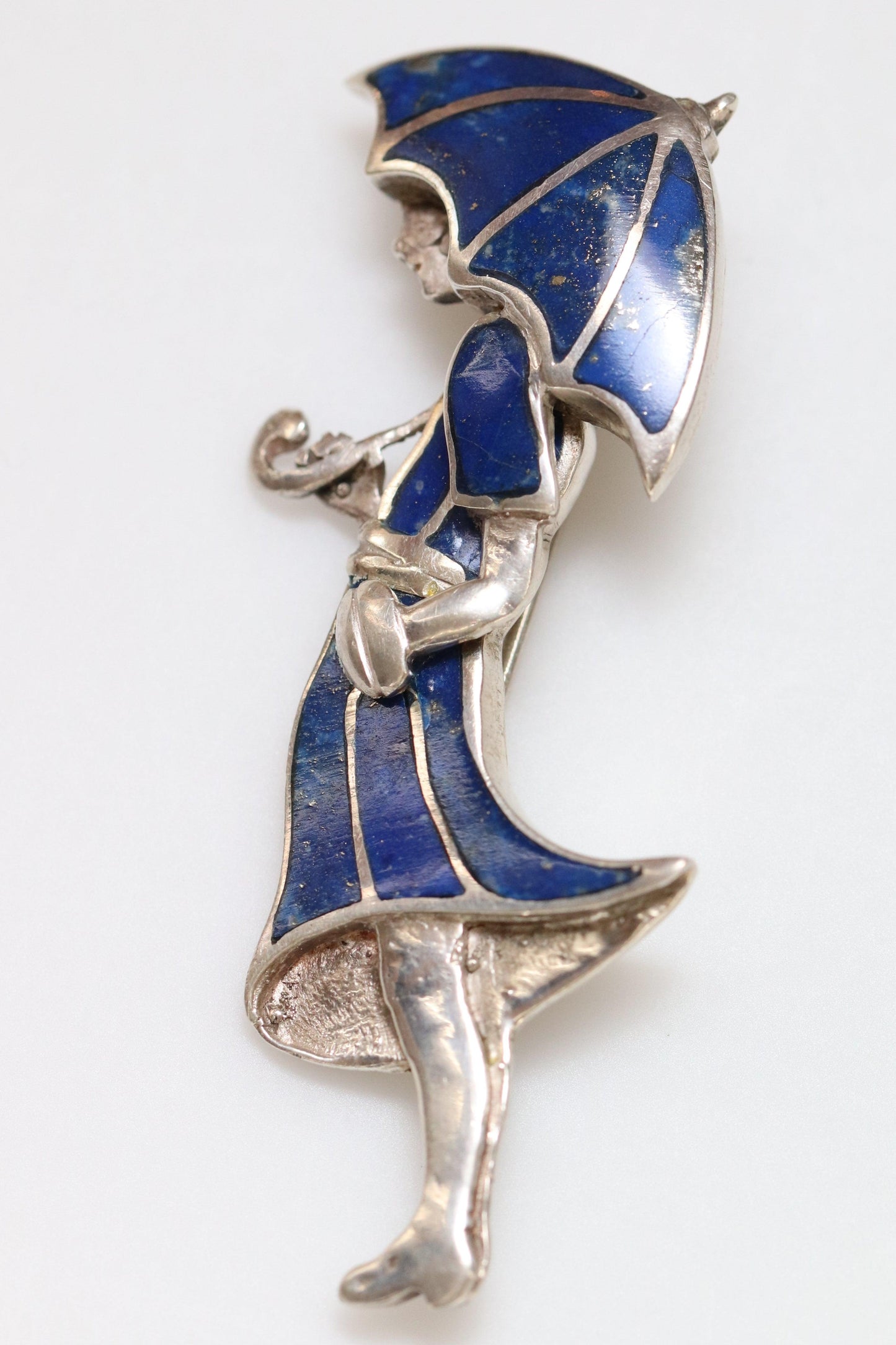 Vintage Handcrafted Silver Jewelry | Art Deco Girl and Umbrella Lapis Lazuli Brooch - Carmel Fine Silver Jewelry