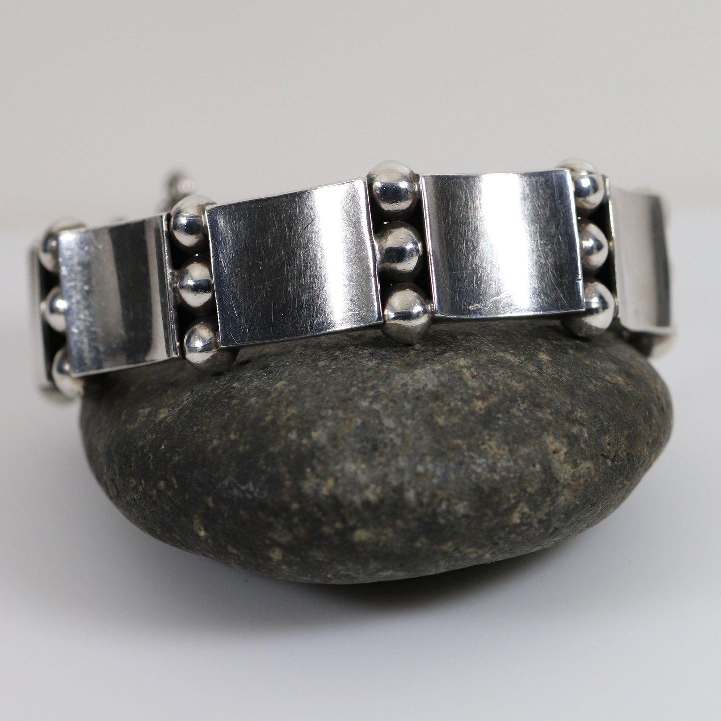 Vintage Hector Aguilar Taxco Jewelry | Concave Panel and Ball Handcrafted Bracelet Mexico - Carmel Fine Silver Jewelry