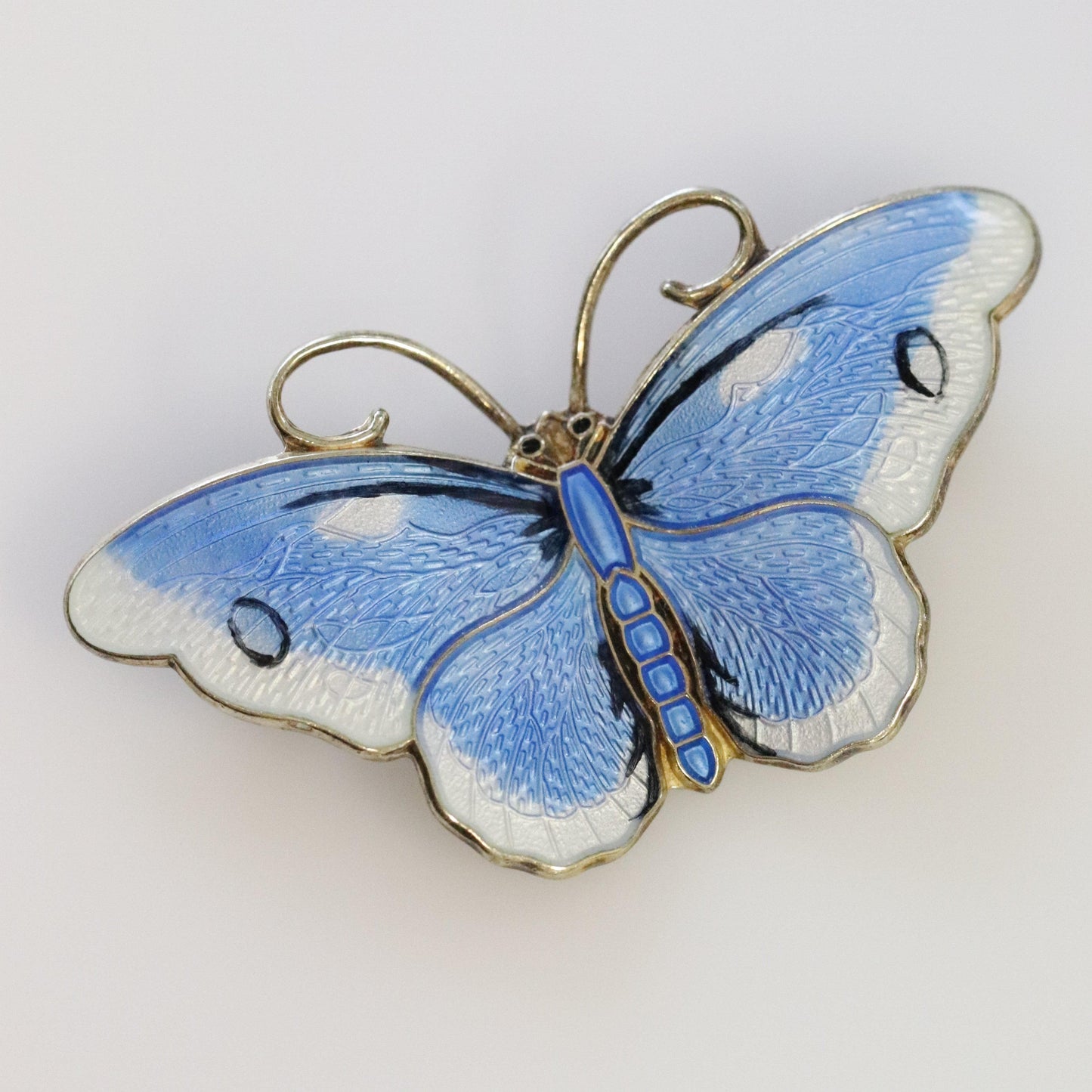 Vintage Hroar Prydz Enamel Jewelry | Blue and White Guilloche Enamel Butterfly Brooch - Carmel Fine Silver Jewelry