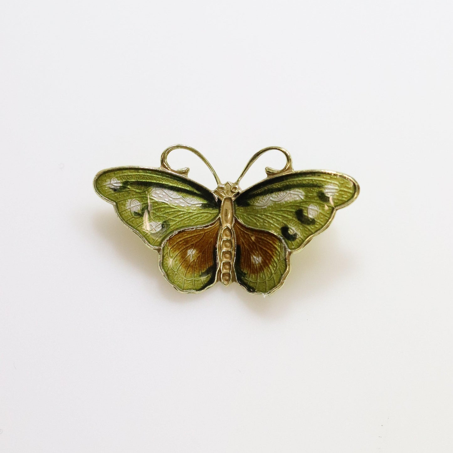 Vintage Hroar Prydz Enamel Jewelry | Petite Green Detailed Enamel Butterfly Brooch - Carmel Fine Silver Jewelry