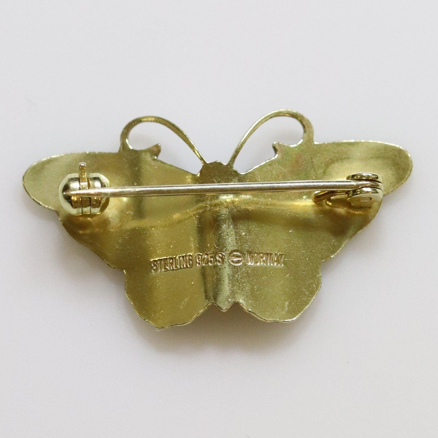 Vintage Hroar Prydz Enamel Jewelry | Petite Green Detailed Enamel Butterfly Brooch - Carmel Fine Silver Jewelry