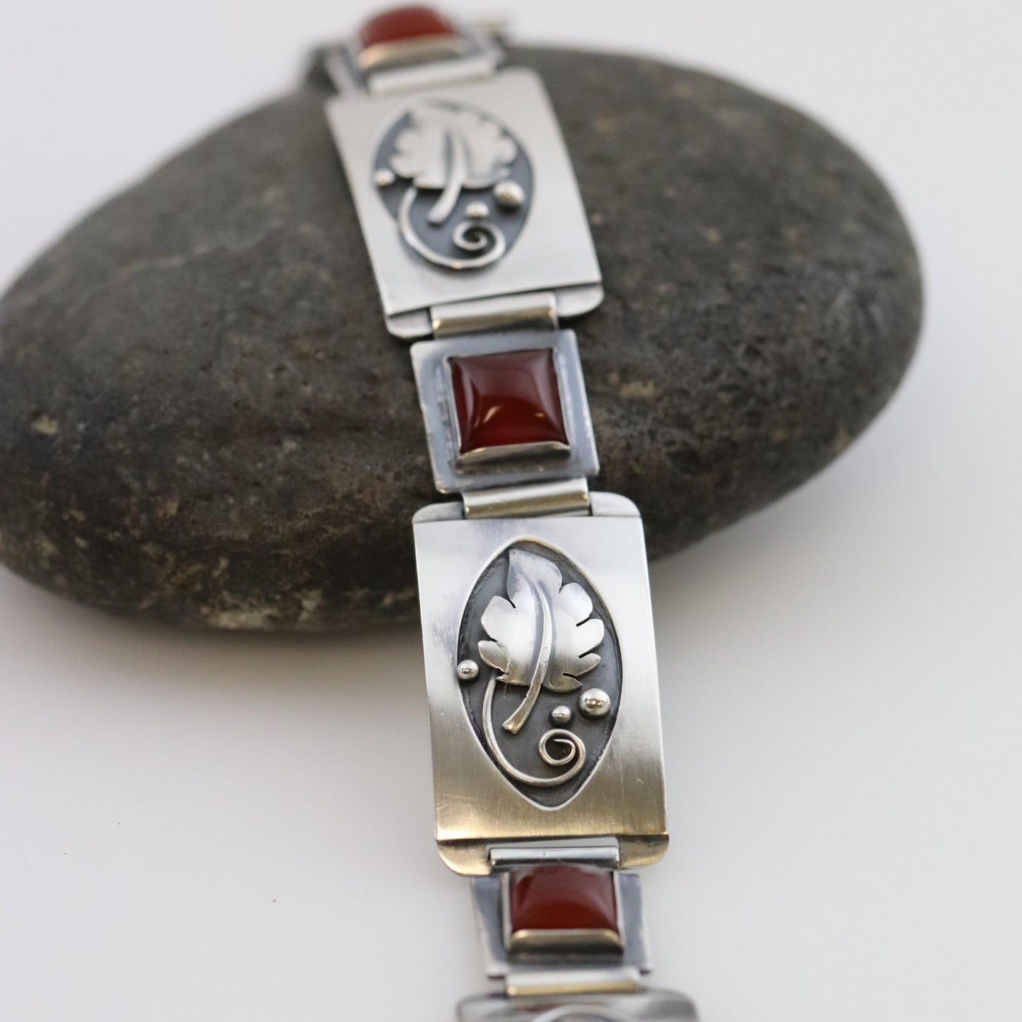 Vintage Lawrence Foss Silver Jewelry | Carnelian and Foliate Panel Bracelet - Carmel Fine Silver Jewelry