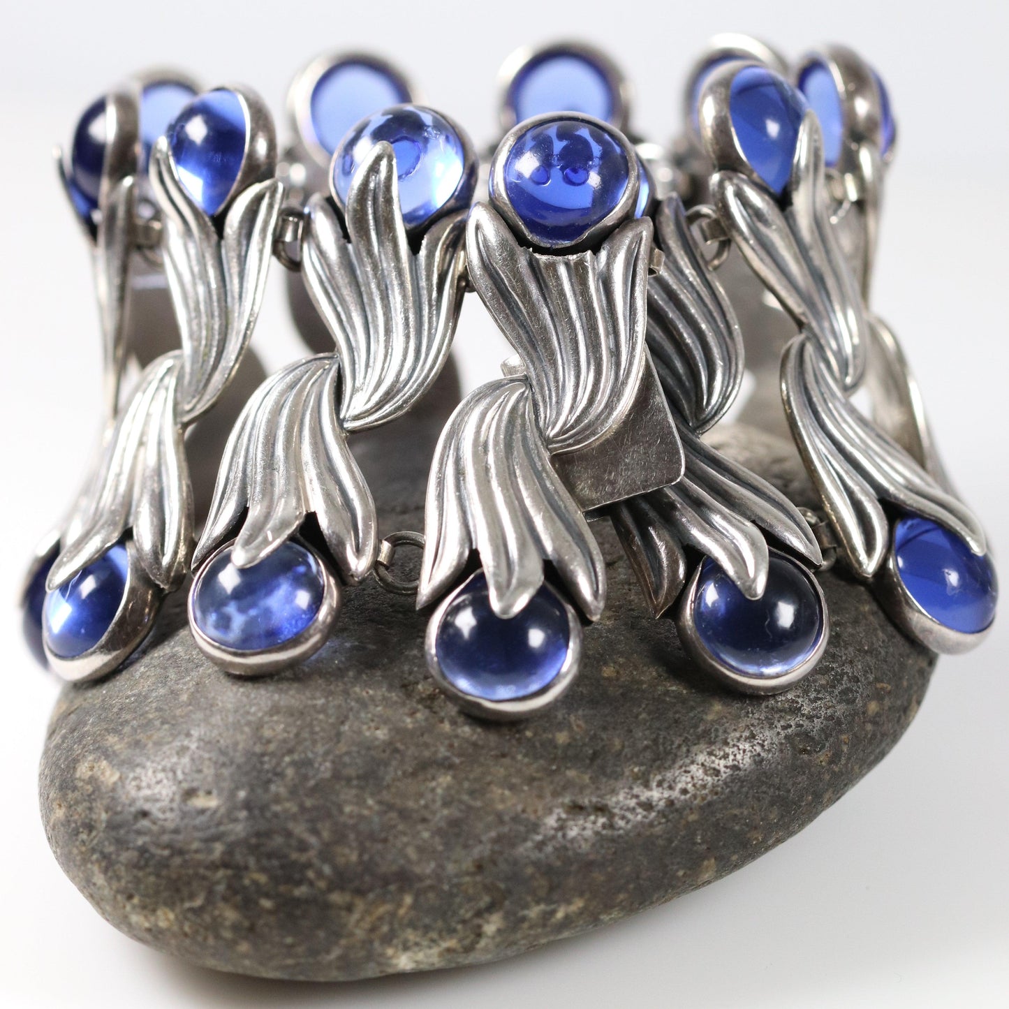 Vintage Los Castillo Taxco Mexican Jewelry | Blue Glass Tulip Statement Bracelet - Carmel Fine Silver Jewelry