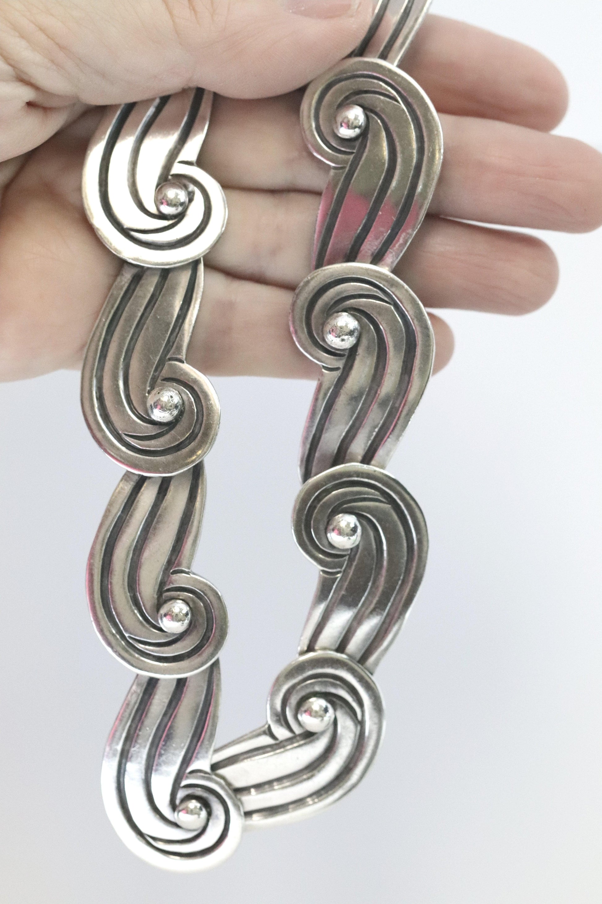 Vintage Los Castillo Taxco Mexican Jewelry | Mid-Century Swirl Design Necklace - Carmel Fine Silver Jewelry