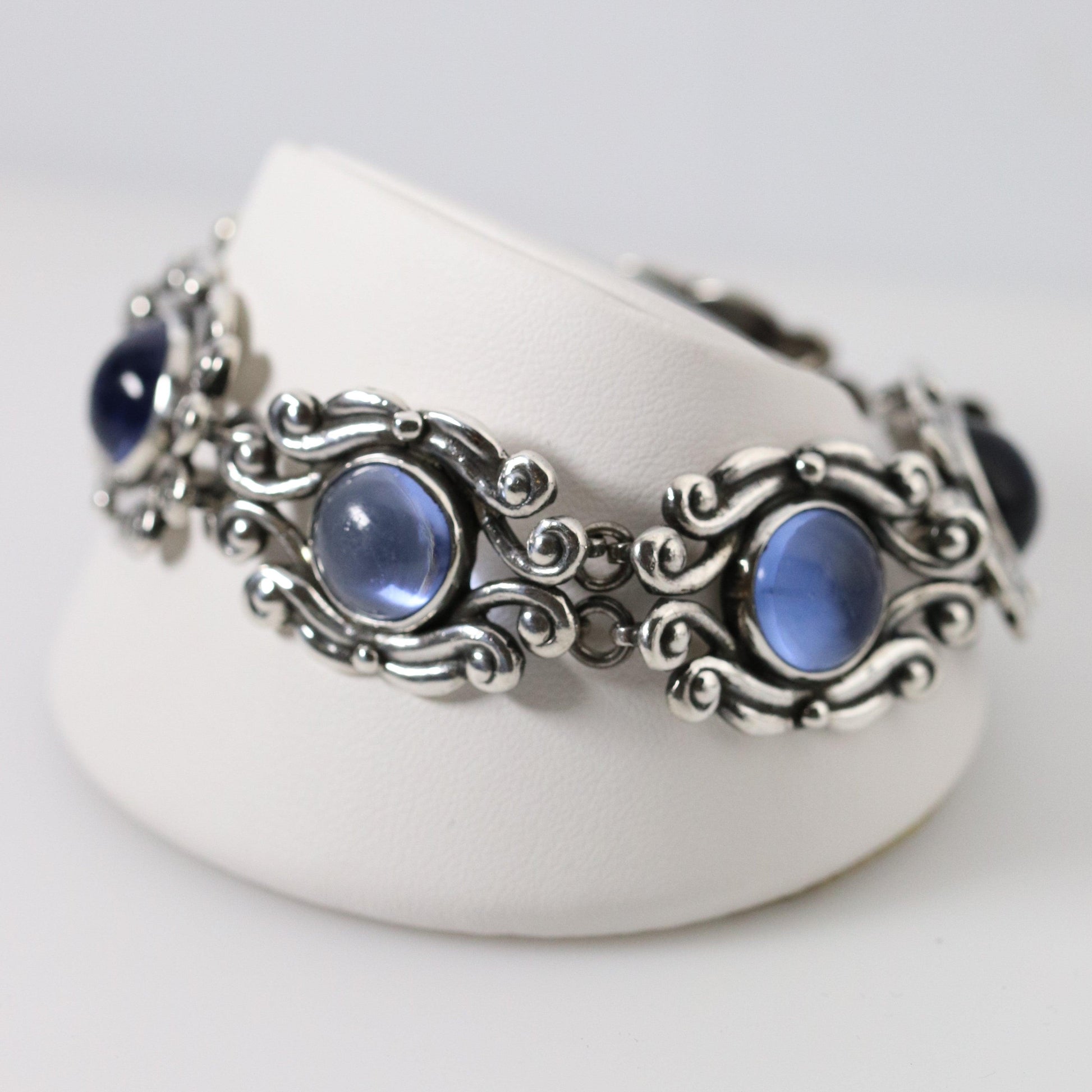 Vintage Los Castillo Taxco Mexican Jewelry | Ornate Blue Glass Bracelet - Carmel Fine Silver Jewelry