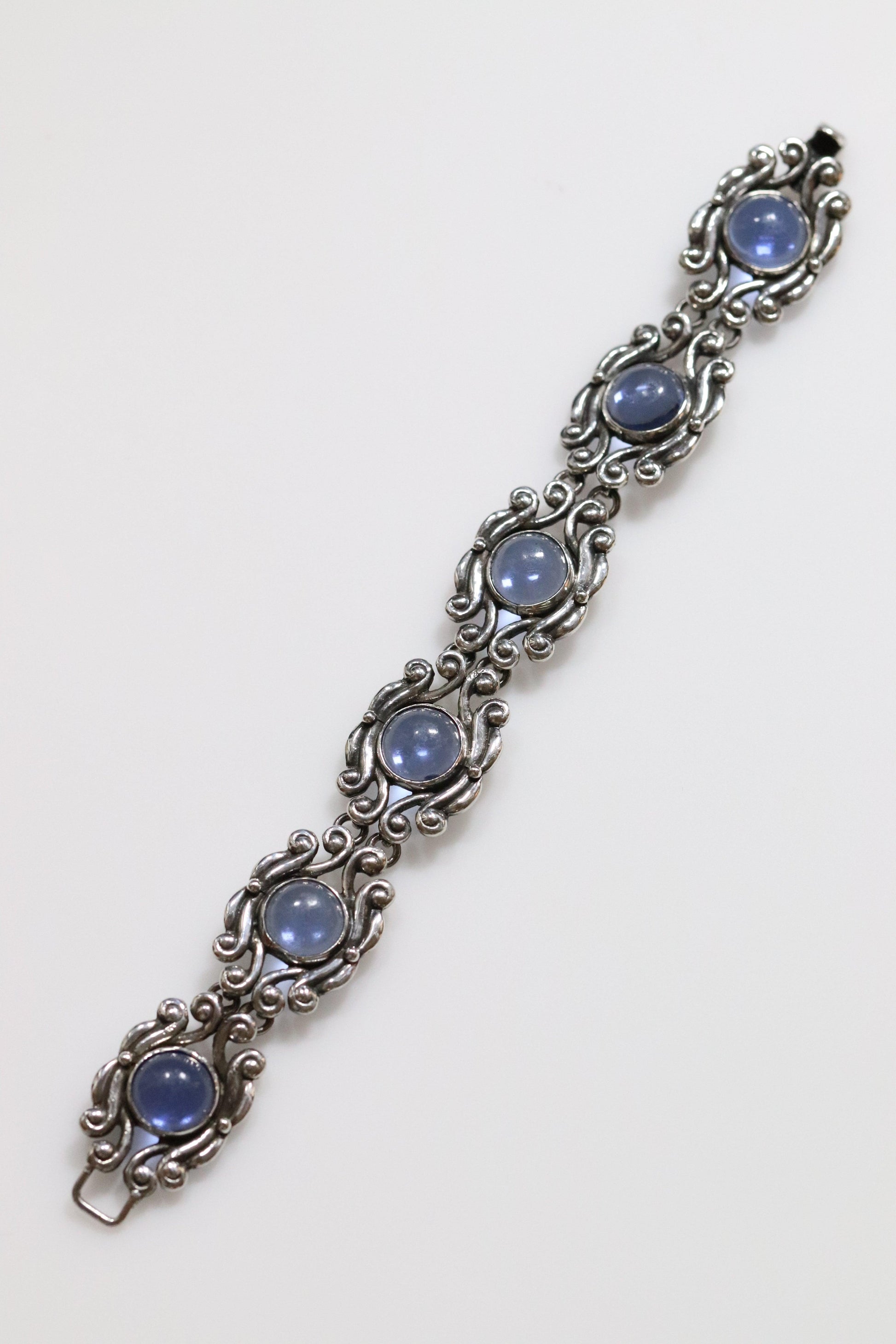 Vintage Los Castillo Taxco Mexican Jewelry | Ornate Blue Glass Bracelet - Carmel Fine Silver Jewelry