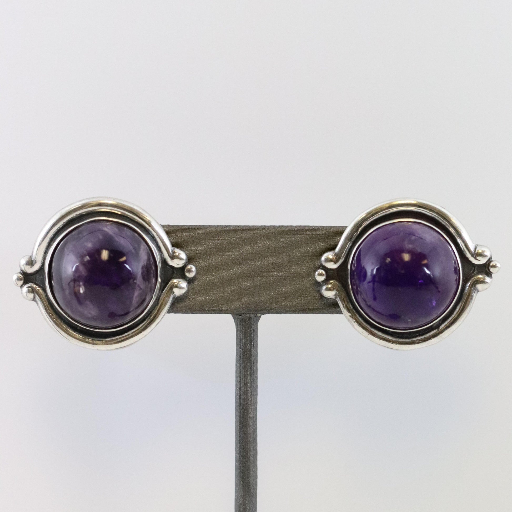Vintage Los Castillo Taxco Silver Mexican Jewelry | Large Mid Century Amethyst and Silver Earrings - Carmel Fine Silver Jewelry