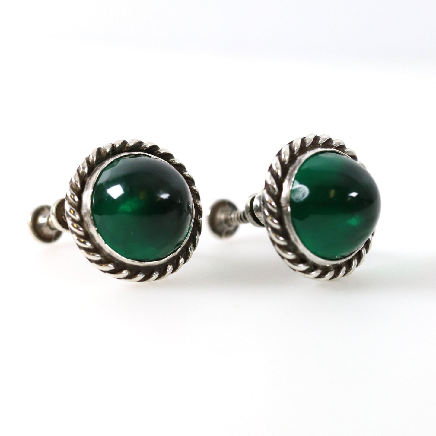 Vintage Los Castillo Taxco Silver Mexican Jewelry | Mid-Century Green Glass Earrings - Carmel Fine Silver Jewelry
