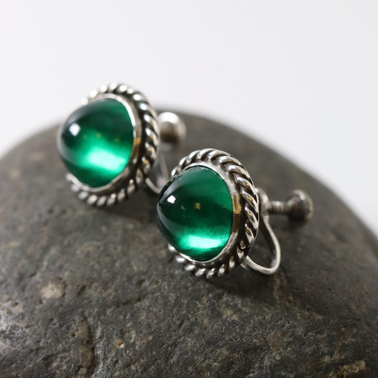 Vintage Los Castillo Taxco Silver Mexican Jewelry | Mid-Century Green Glass Earrings - Carmel Fine Silver Jewelry