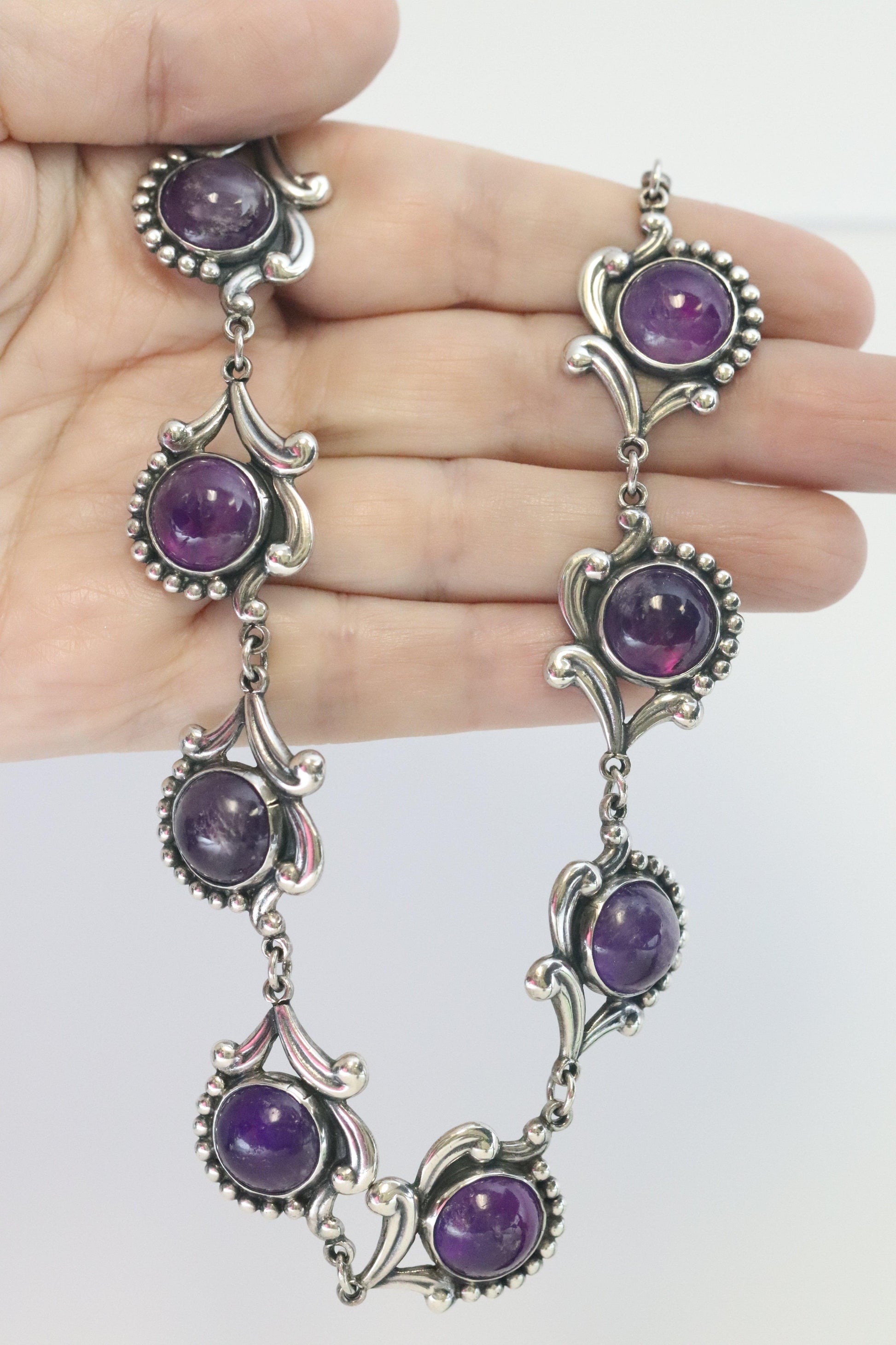 Vintage Los Castillo Taxco Silver Mexican Jewelry | Mid-Century Round Amethyst Floral Necklace - Carmel Fine Silver Jewelry