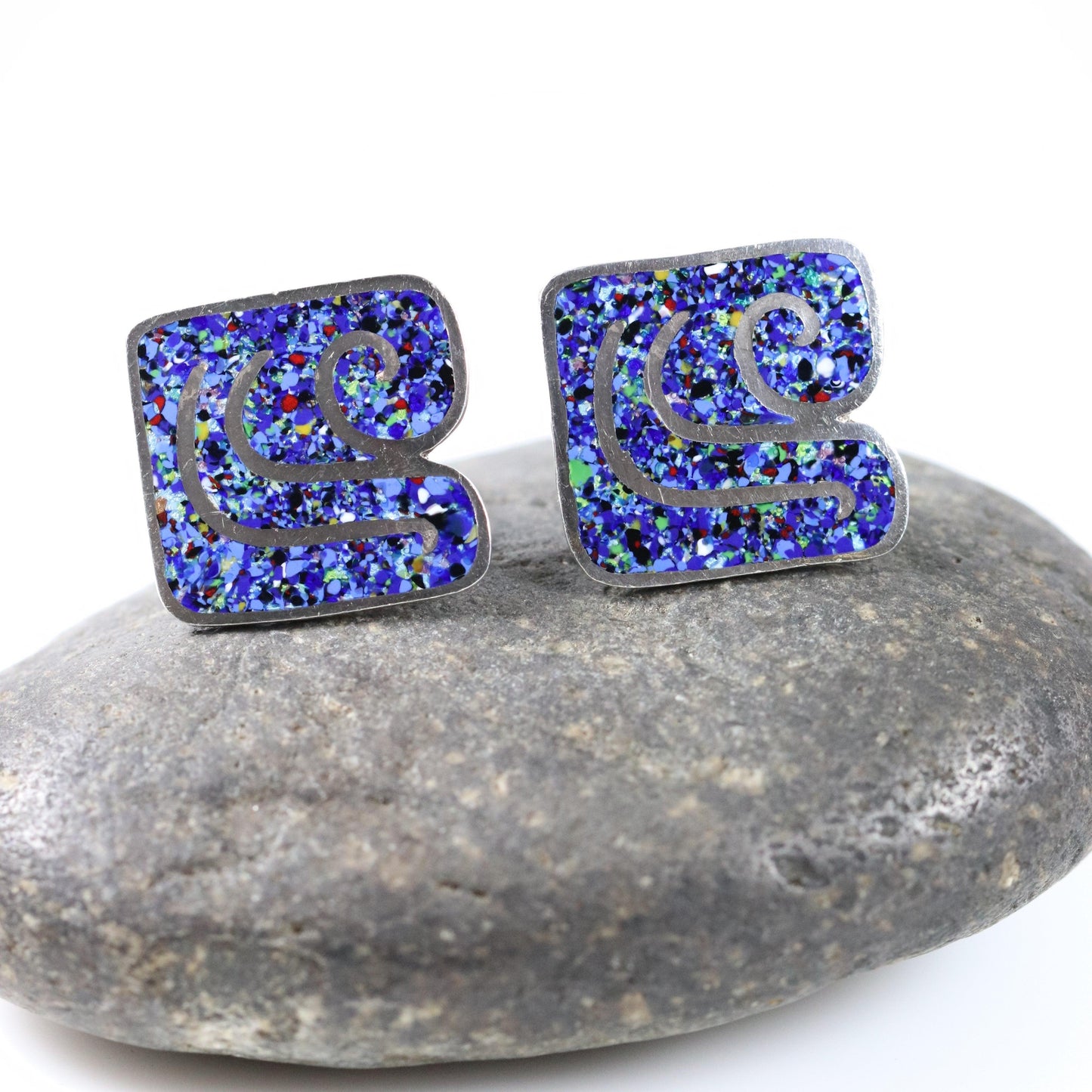 Vintage Margot de Taxco Mexican Jewelry | Blue Confetti Enamel Cufflinks - Carmel Fine Silver Jewelry