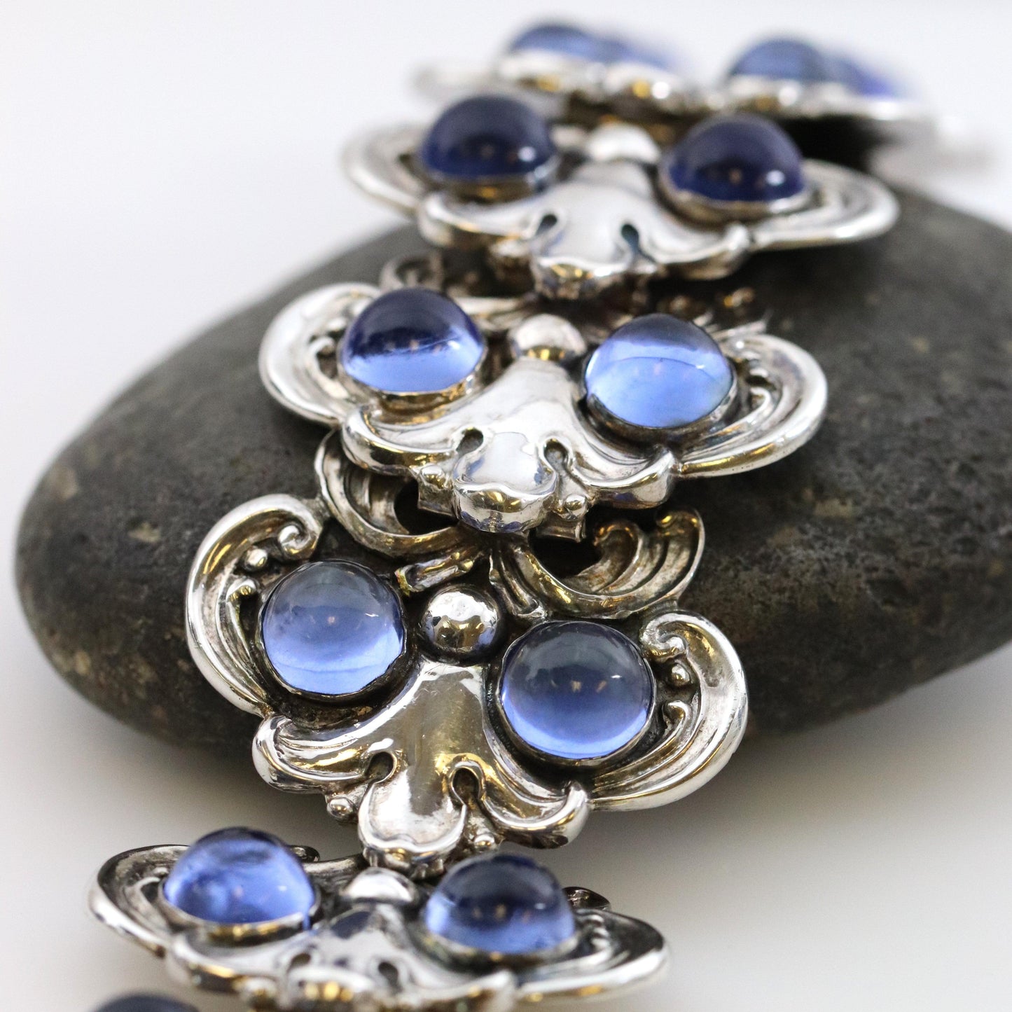 Vintage Margot de Taxco Silver Mexican Jewelry | Blue Glass Floral Bracelet 5513 - Carmel Fine Silver Jewelry