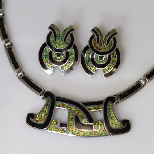 Vintage Margot de Taxco Silver Mexican Jewelry | Taxco Sterling and Enamel Necklace/Brooch and Earrings Jewelry Set - Carmel Fine Silver Jewelry