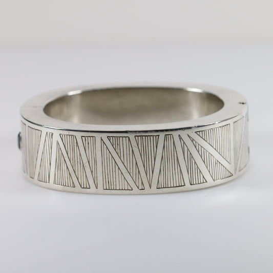 Vintage Modernist Silver Jewelry | Aquamarine Etched Modernist Hinged Bracelet - Carmel Fine Silver Jewelry