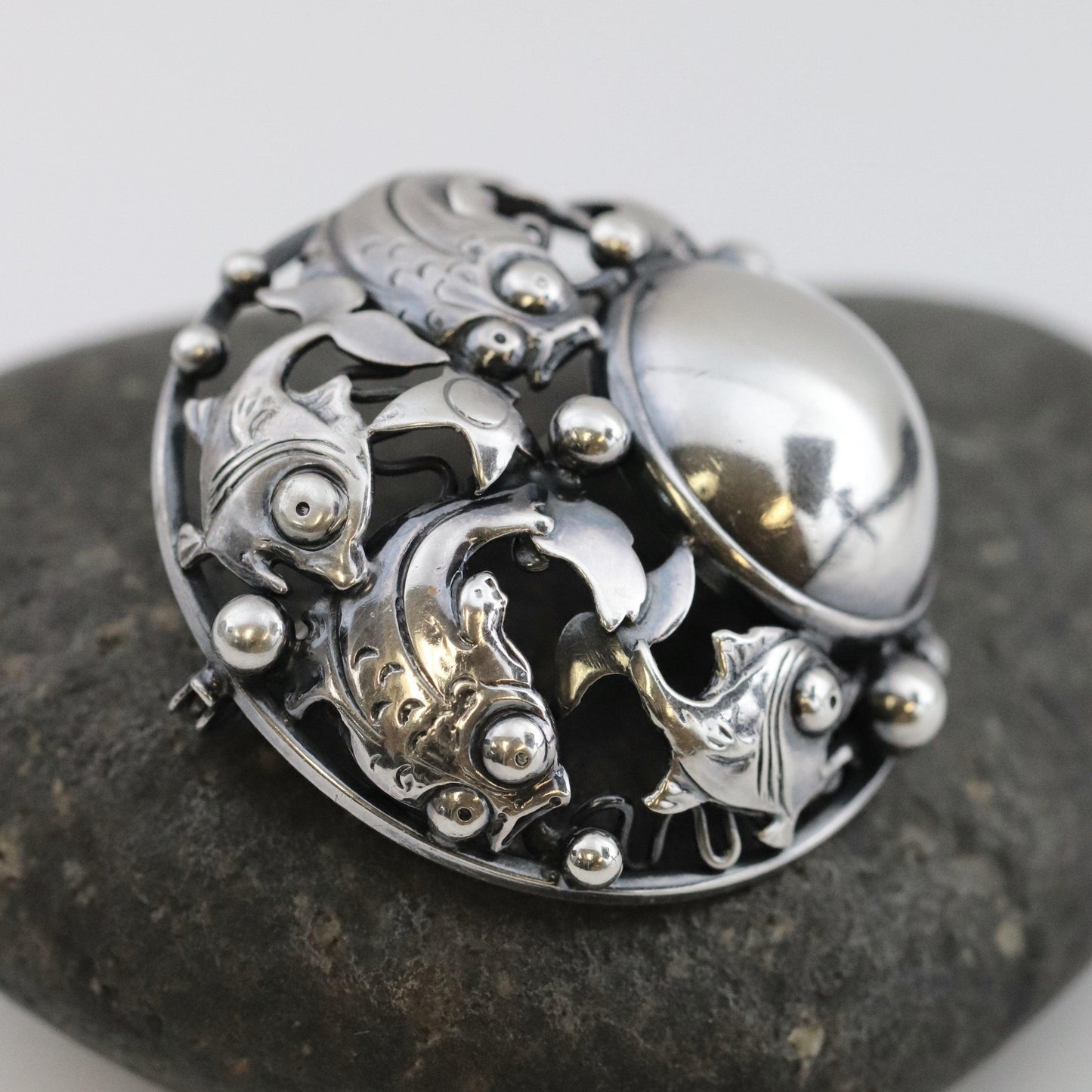 Vintage NE From Sterling Silver Jewelry | Round Silver Cabochon Fish Brooch - Carmel Fine Silver Jewelry