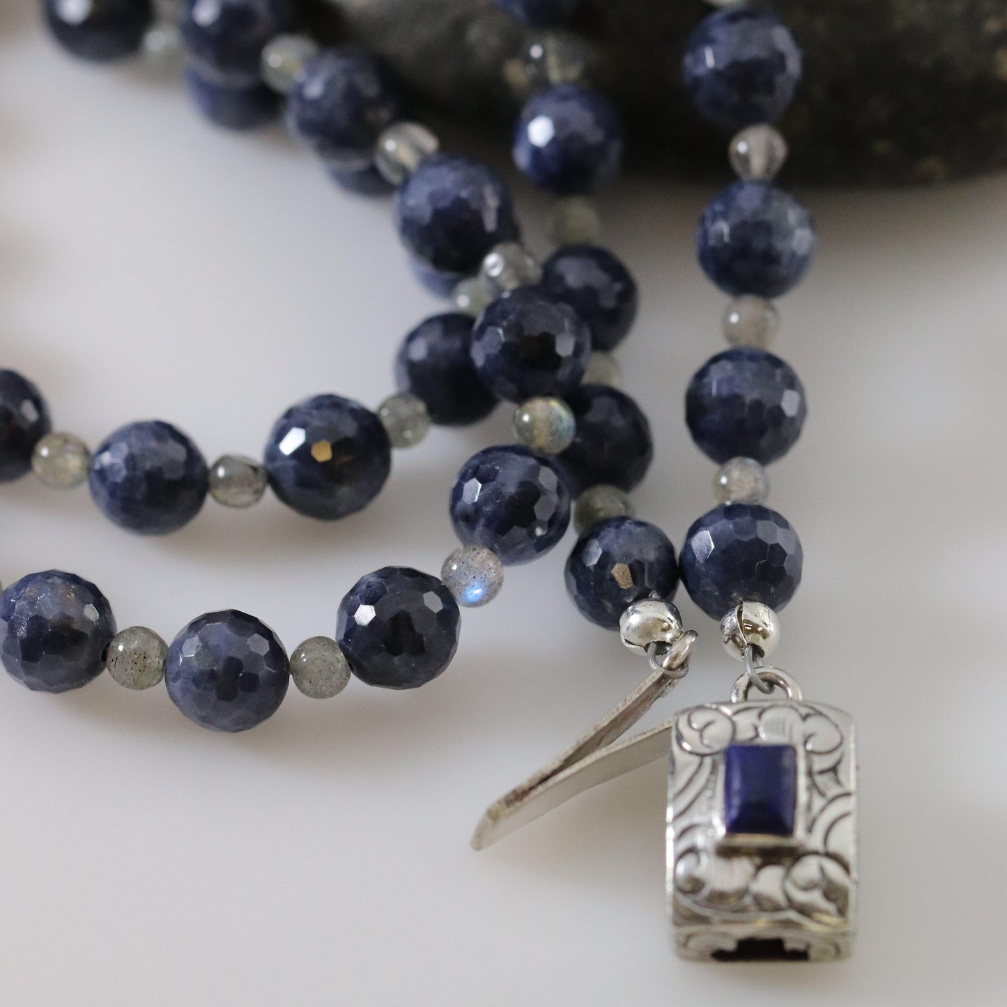 Vintage Silver Jewlry | Long Sapphire Labradorite Beaded Necklace - Carmel FSJ