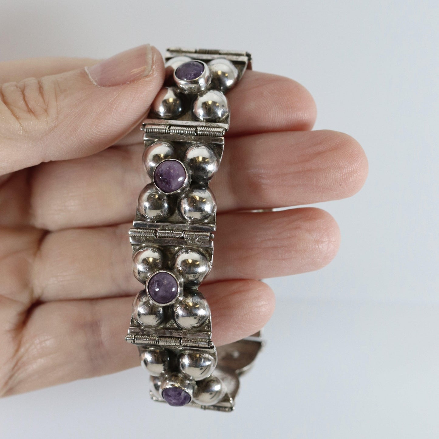 Vintage Silver Mexican Jewelry | Early Handcrafted Floral Amethyst Bracelet - Carmel Fine Silver Jewelry