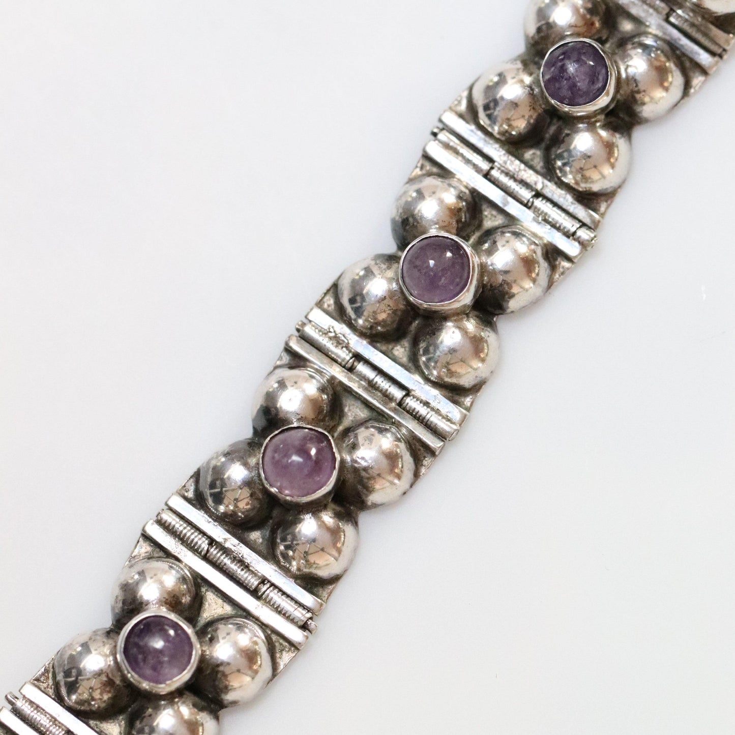Vintage Silver Mexican Jewelry | Early Handcrafted Floral Amethyst Bracelet - Carmel Fine Silver Jewelry