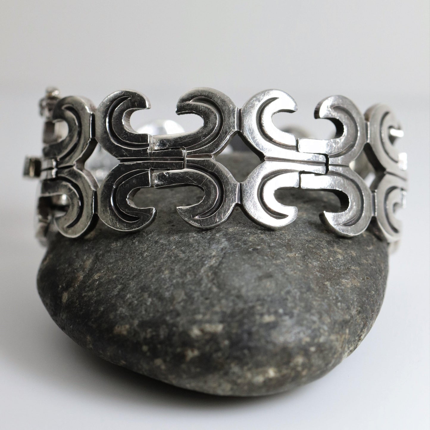 Vintage Silver Mexican Jewelry | Handcrafted Heavy CII Panel Bracelet - Carmel Fine Silver Jewelry