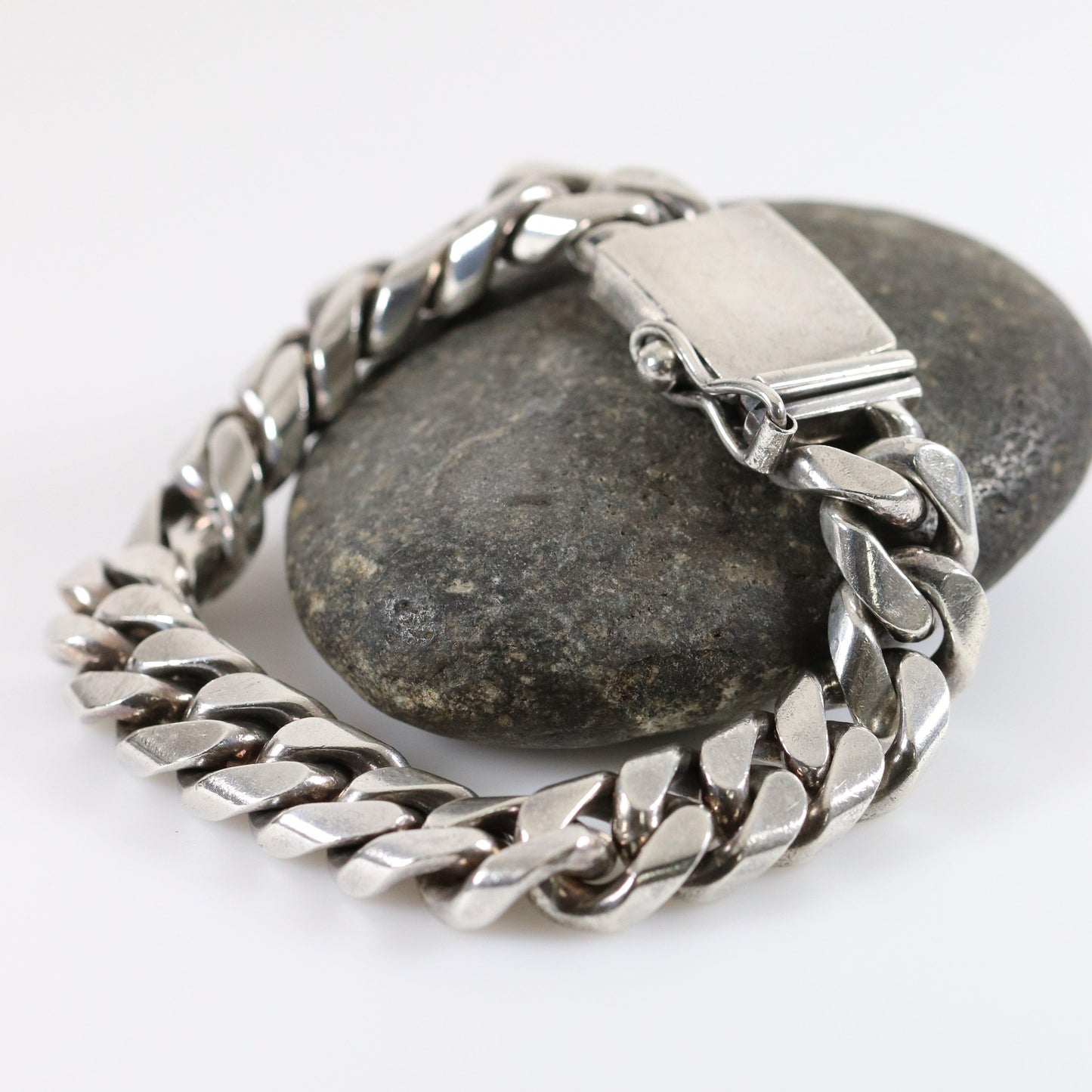 Vintage Silver Mexican Jewelry | Heavy Mens Curb Chain Bracelet - Carmel Fine Silver Jewelry