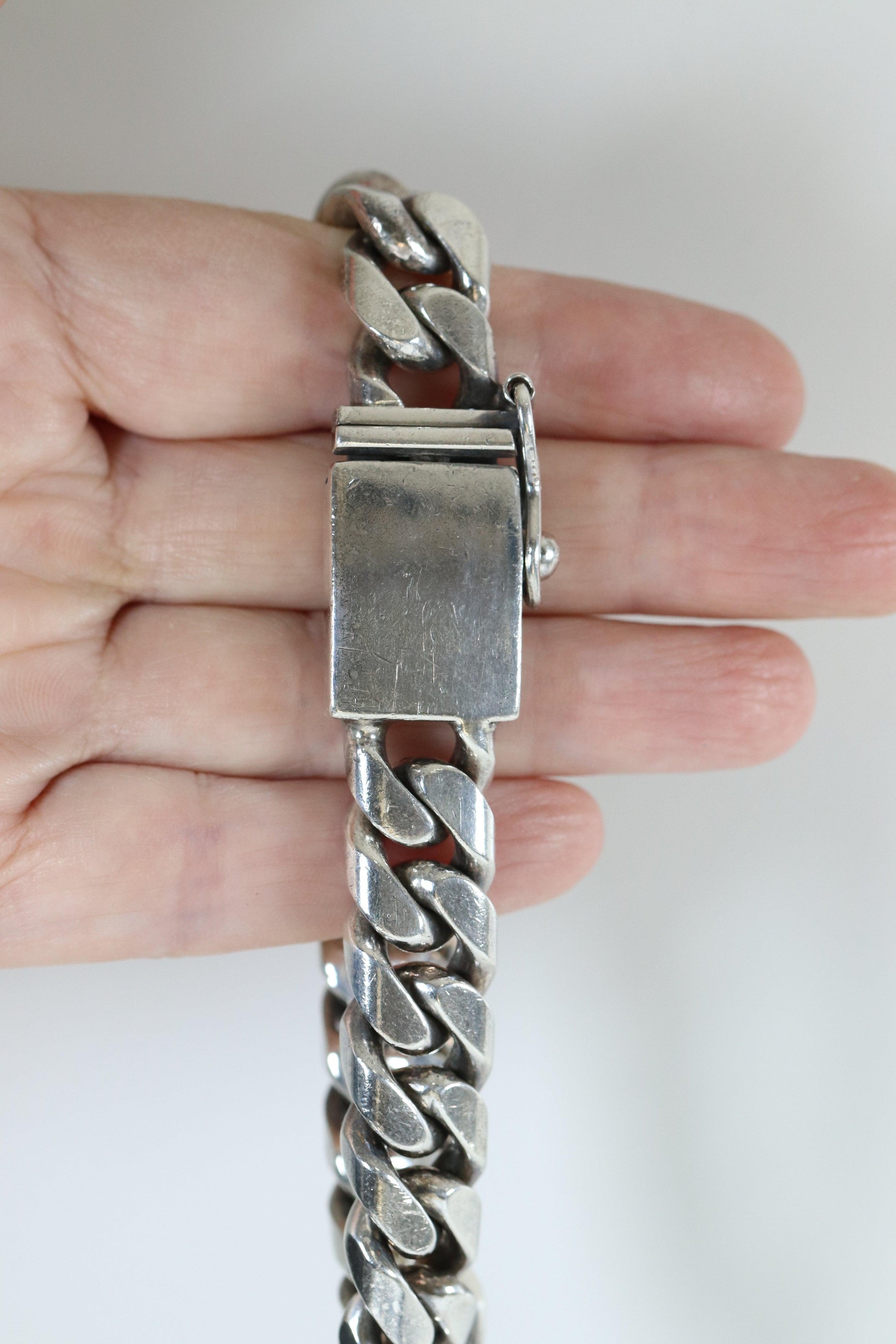 Vintage Silver Mexican Jewelry | Heavy Mens Curb Chain Bracelet - Carmel Fine Silver Jewelry