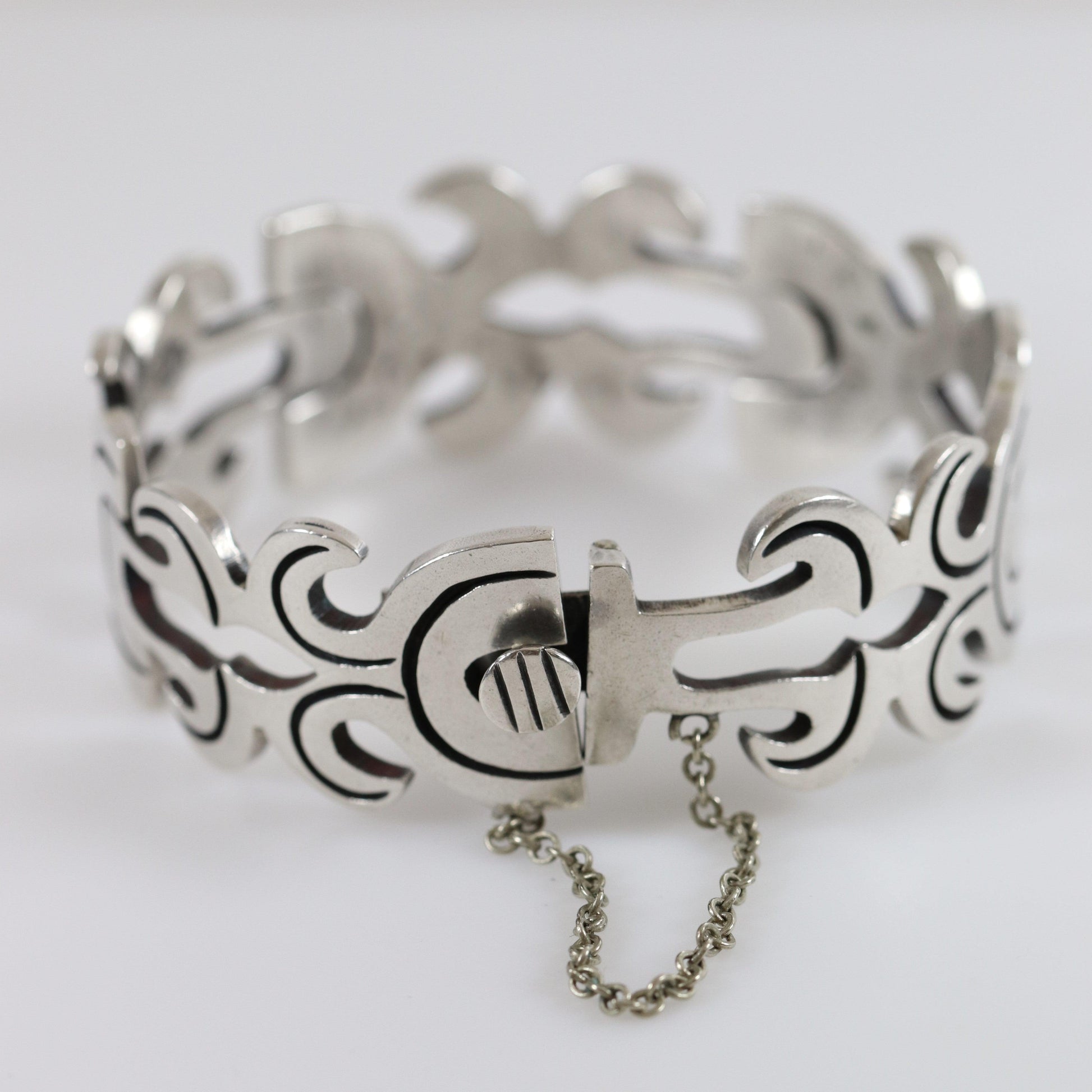 Vintage Taxco Silver Mexican Jewelry | Jose Silva Solid Silver Panel Bracelet - Carmel Fine Silver Jewelry