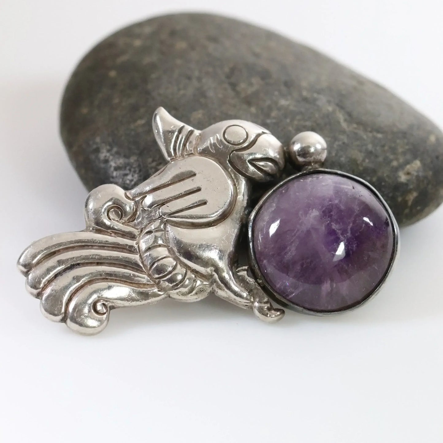 Vintage Taxco William Spratling Jewelry | Mid-Century Amethyst Parrot Brooch - Carmel Fine Silver Jewelry