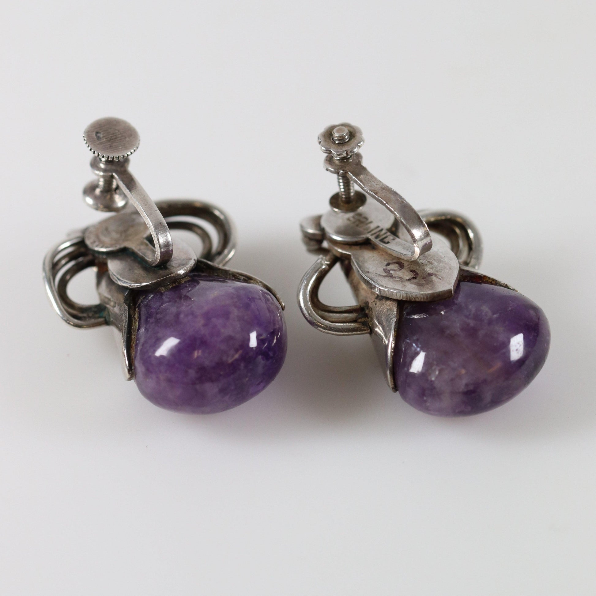 Vintage William Spratling Taxco Silver Mexican Jewelry | Mid-Century Modernist Amethyst Drop Earrings - Carmel Fine Silver Jewelry
