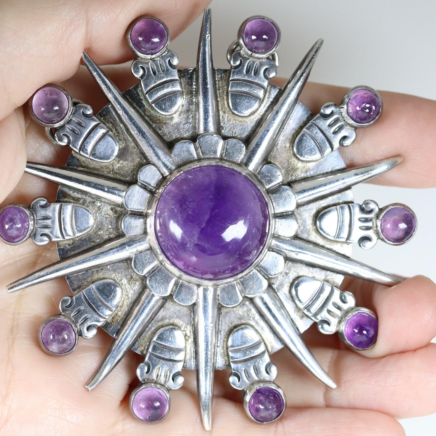 William Spratling Jewelry | Taxco Silver Sunburst Amethyst Vintage Necklace Pendant - Carmel Fine Silver Jewelry