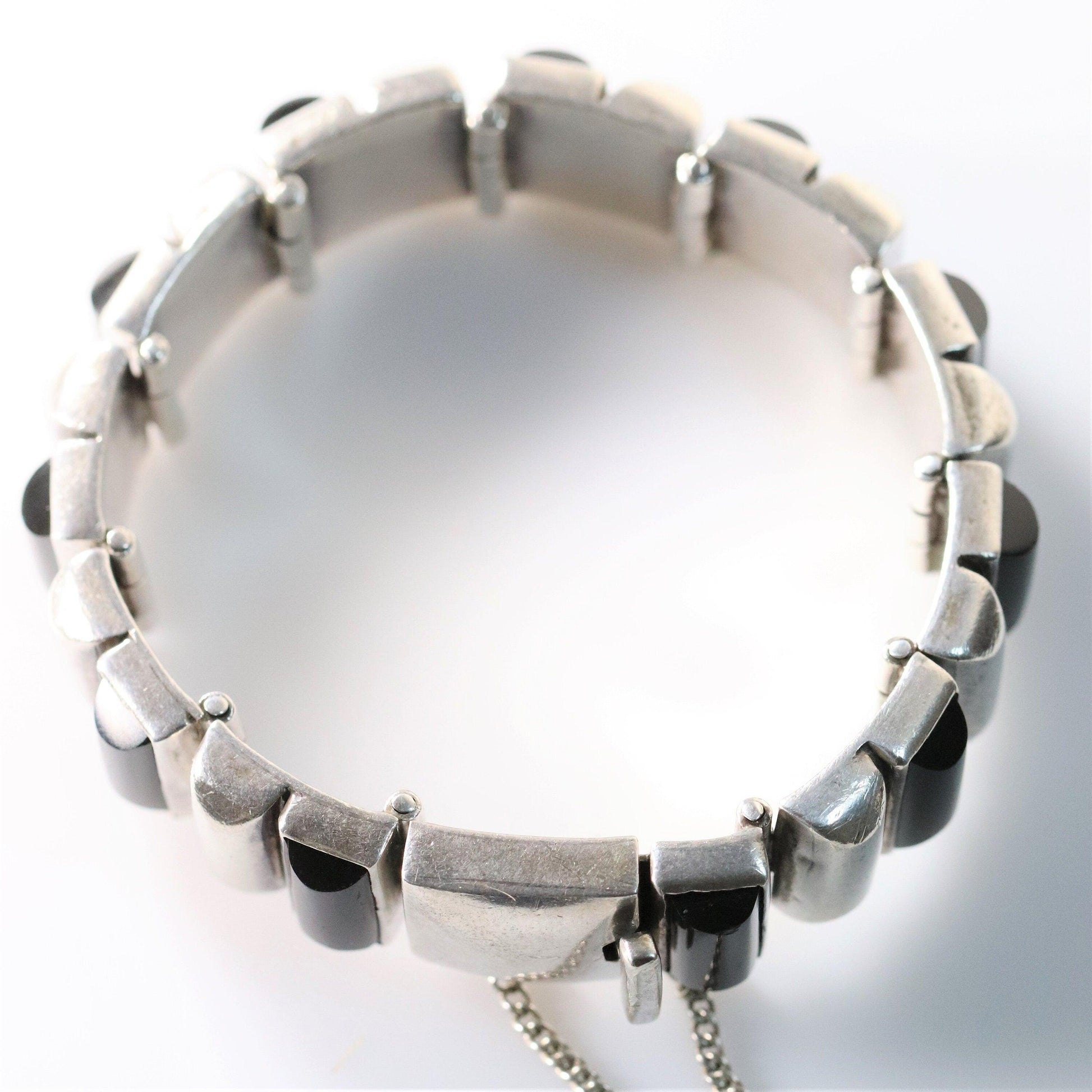 Antonio Pineda Bracelet | Taxco Mid-Century Modernist Hinged Onyx | Vintage 970 Sterling Silver Mexico - Carmel Fine Silver Jewelry