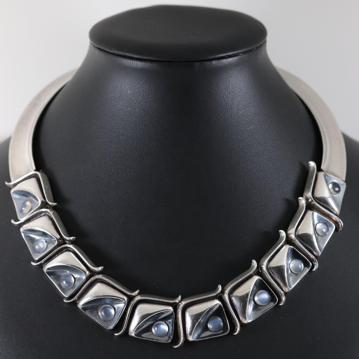 Antonio Pineda Necklace | Taxco Mid-Century Modernist Moonstone Choker | Vintage 970 Sterling Silver Mexico - Carmel Fine Silver Jewelry