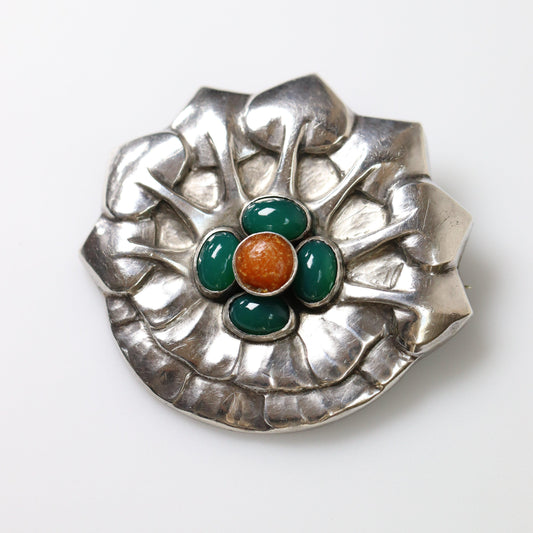 Georg Jensen Jewelry | Amber Chrysoprase Art Nouveau Silver Vintage Brooch 64 - Carmel Fine Silver Jewelry