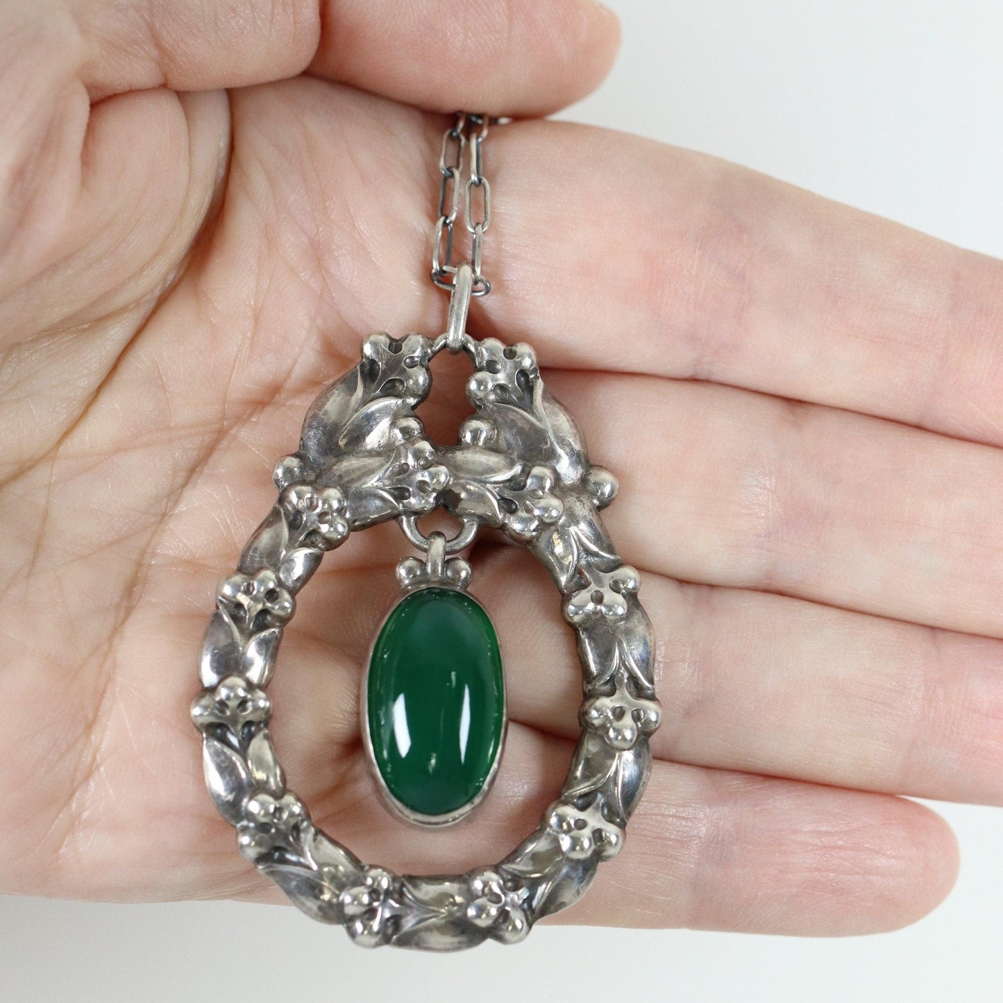 Georg Jensen Jewelry | Chrysoprase Art Nouveau Silver Vintage Necklace Pendant 20 - Carmel Fine Silver Jewelry